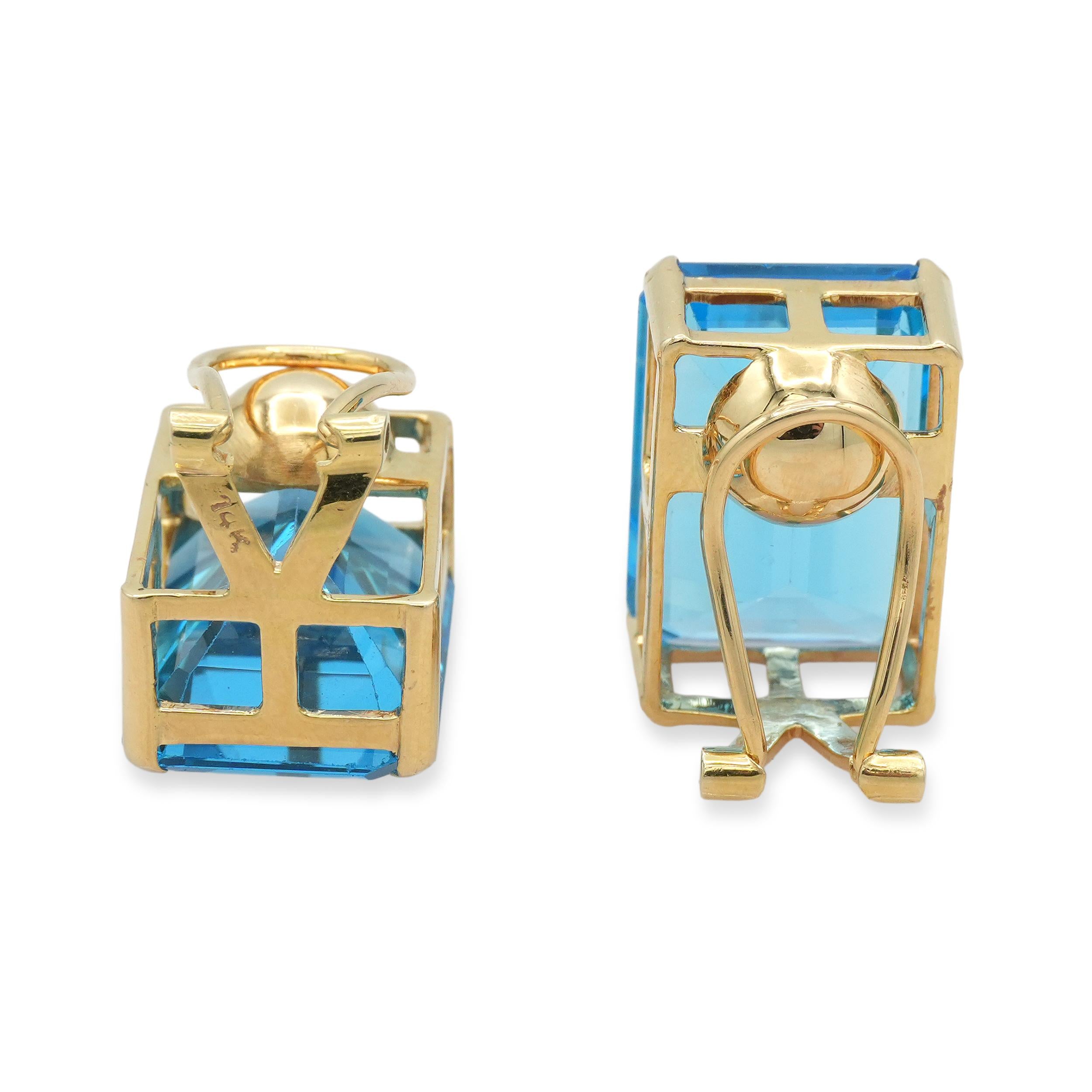 14k Yellow Gold Emerald-Cut Blue Topaz Omega-Back Earrings