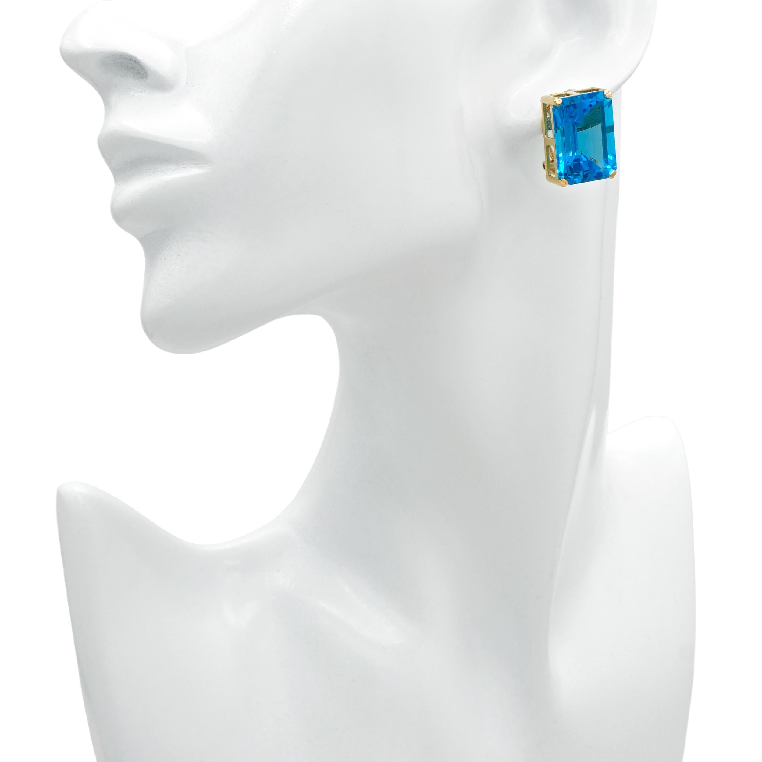 14k Yellow Gold Emerald-Cut Blue Topaz Omega-Back Earrings