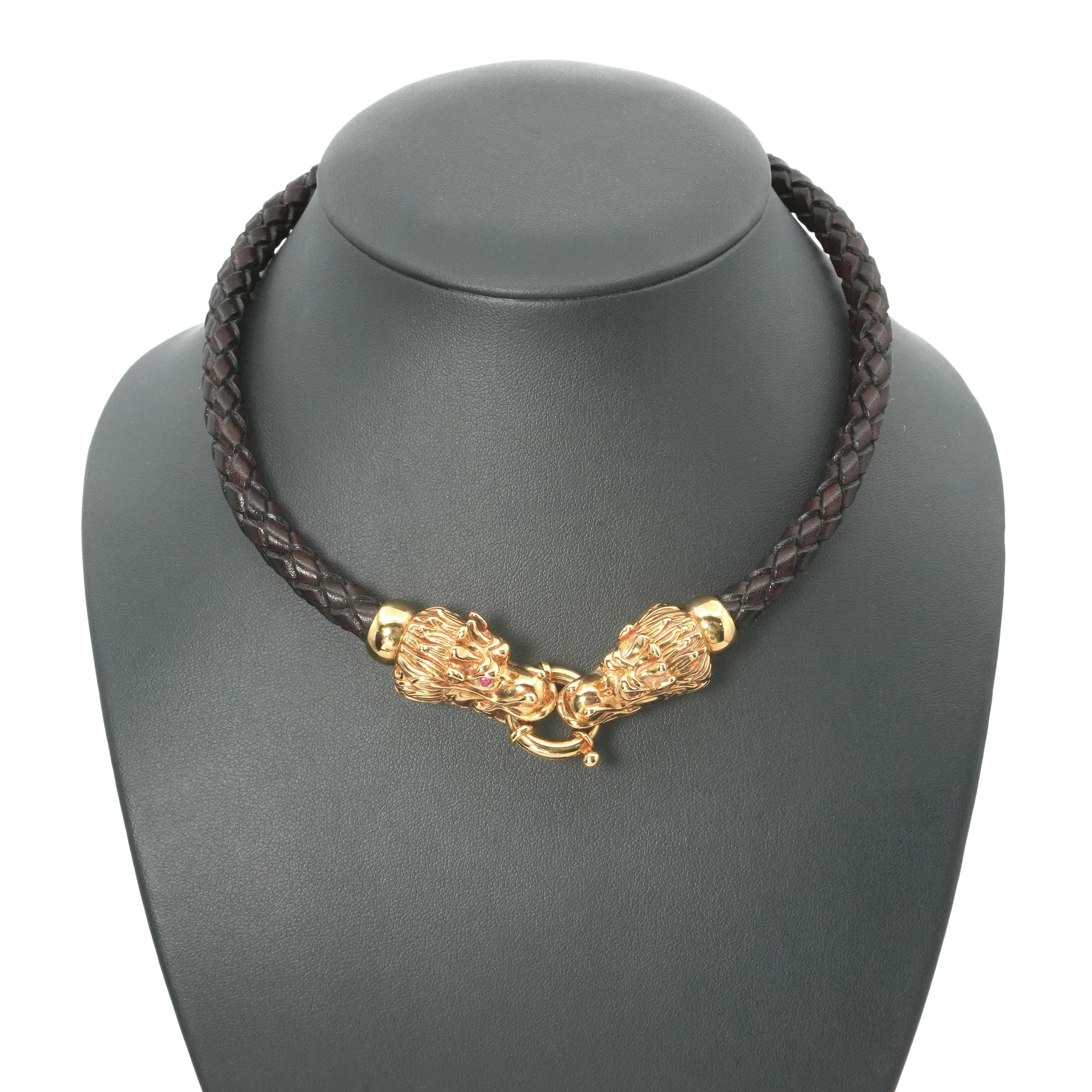 Italian 18K Yellow Gold Ruby Eye Dragon Necklace