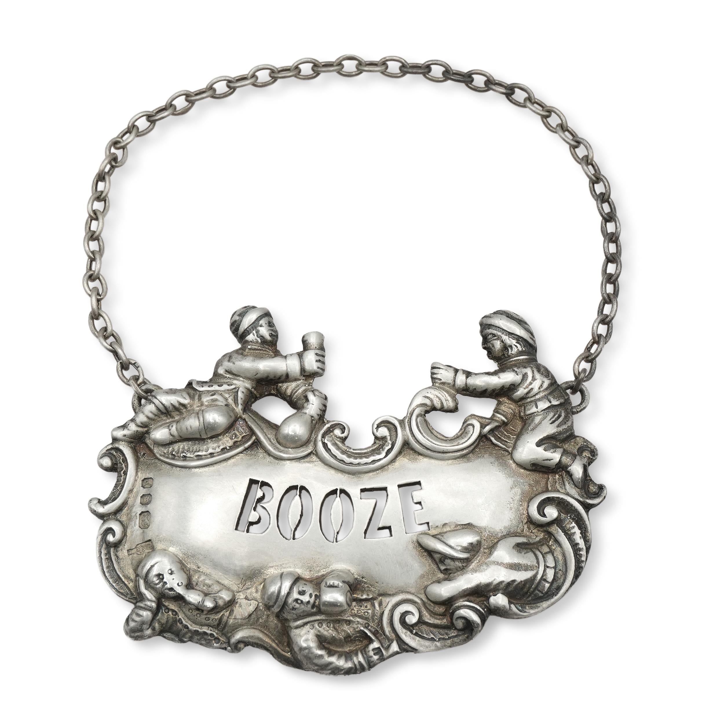 Vintage Michael Wyard Druitt English Sterling Silver Figural “BOOZE” Bottle Tag