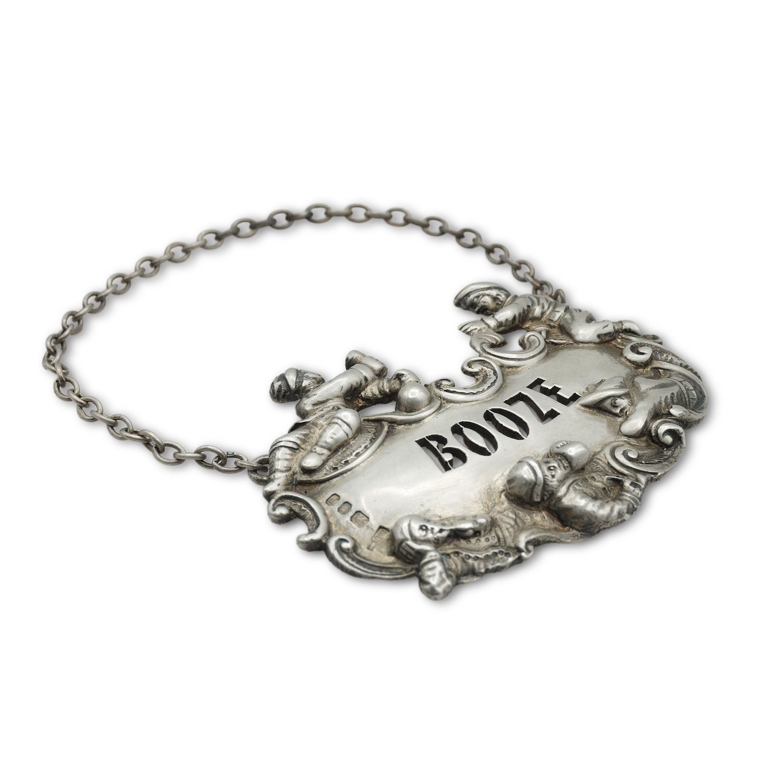 Vintage Michael Wyard Druitt English Sterling Silver Figural “BOOZE” Bottle Tag