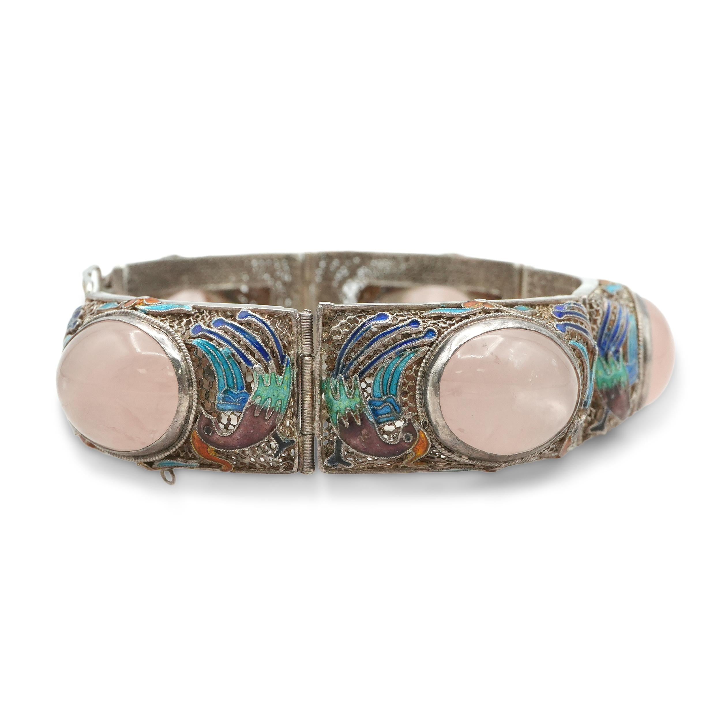 Antique Chinese Export Silver Rose Quartz Enamel Bird Bracelet
