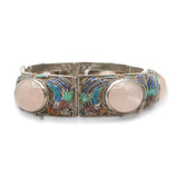 Antique Chinese Export Silver Rose Quartz Enamel Bird Bracelet