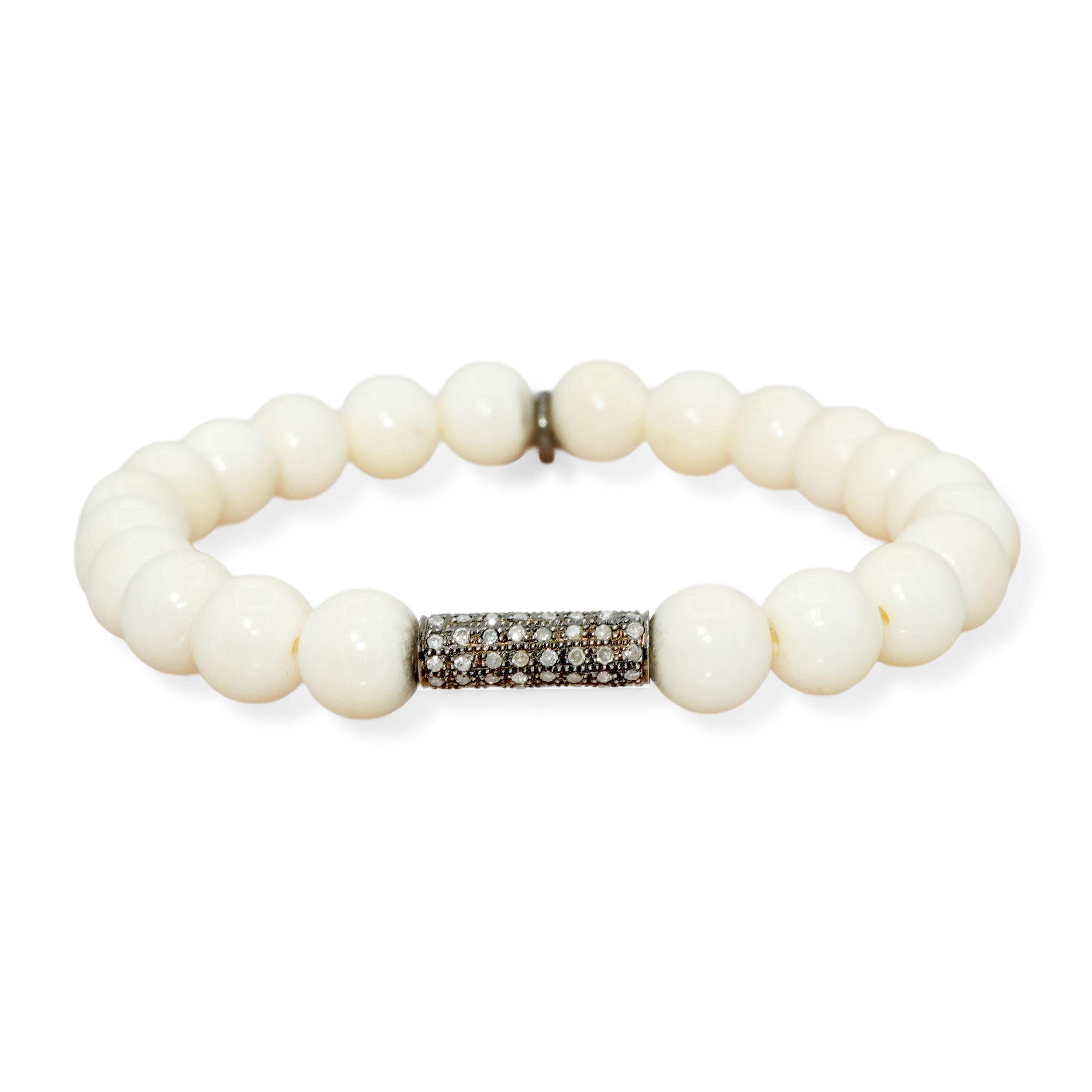 Sheryl Lowe Sterling Silver Diamond White BoneBead Stretch Bracelet