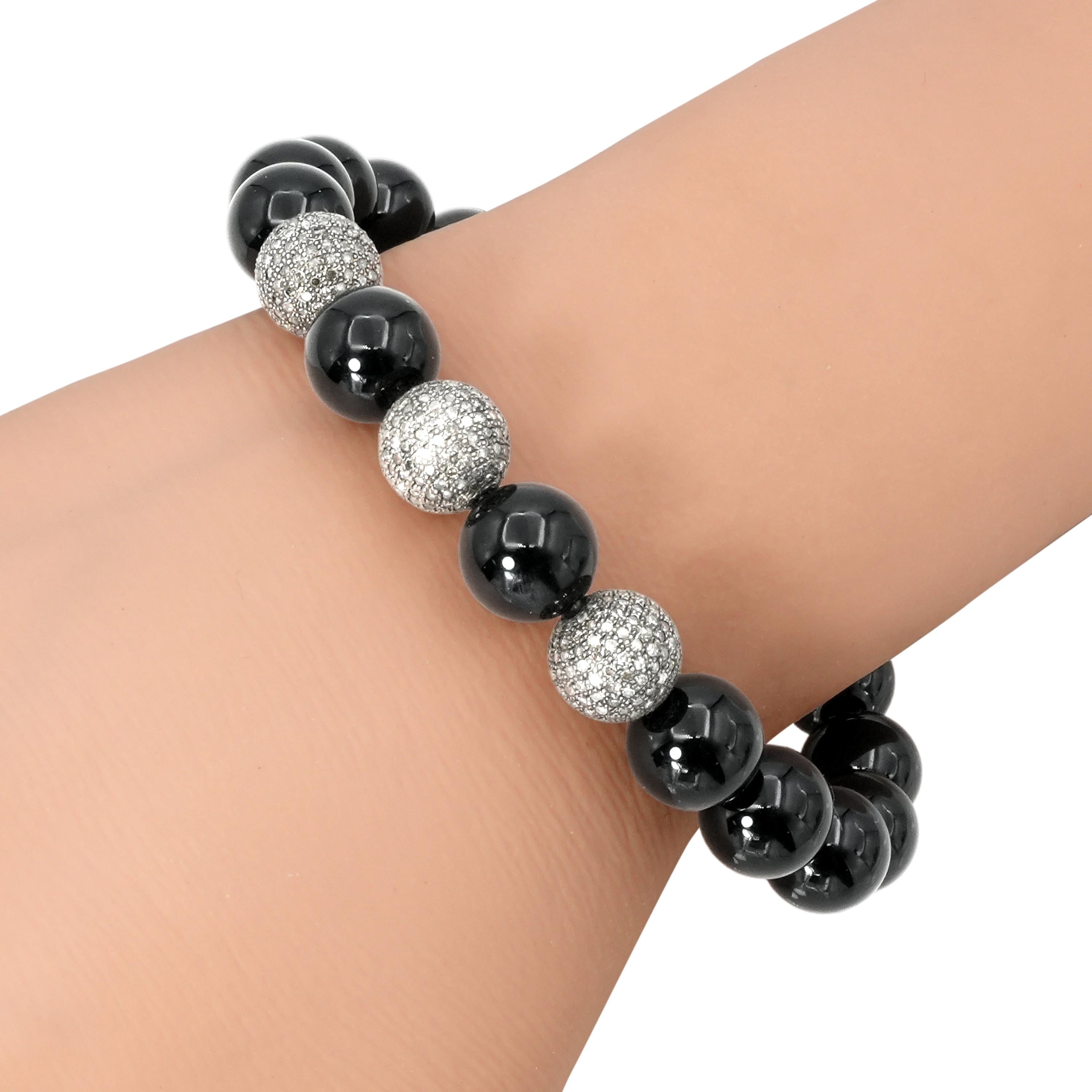 Sheryl Lowe Sterling Silver Diamond Black Onyx Bead Bracelet