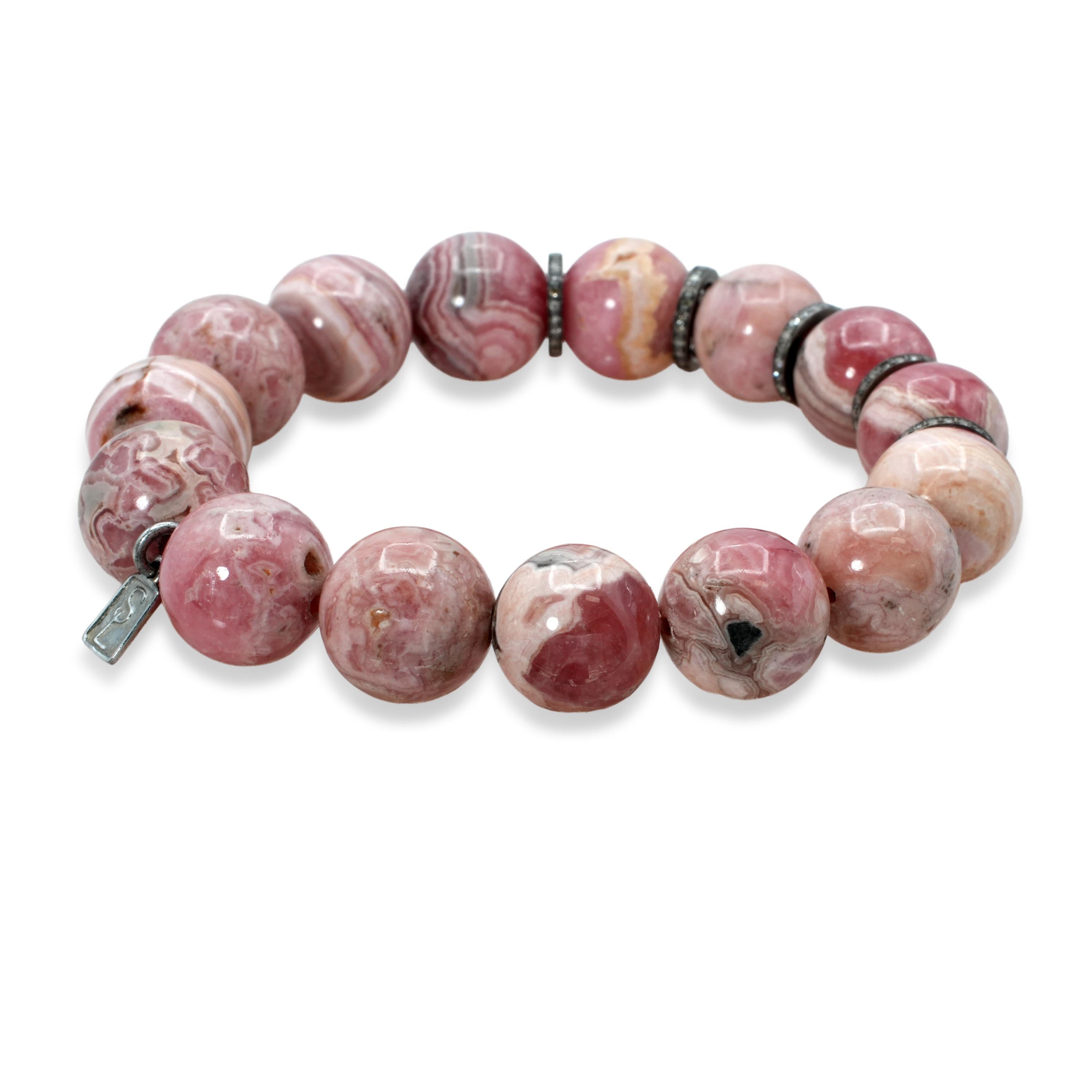 Sheryl Lowe Sterling Silver Rhodochrosite Diamond Bead Bracelet