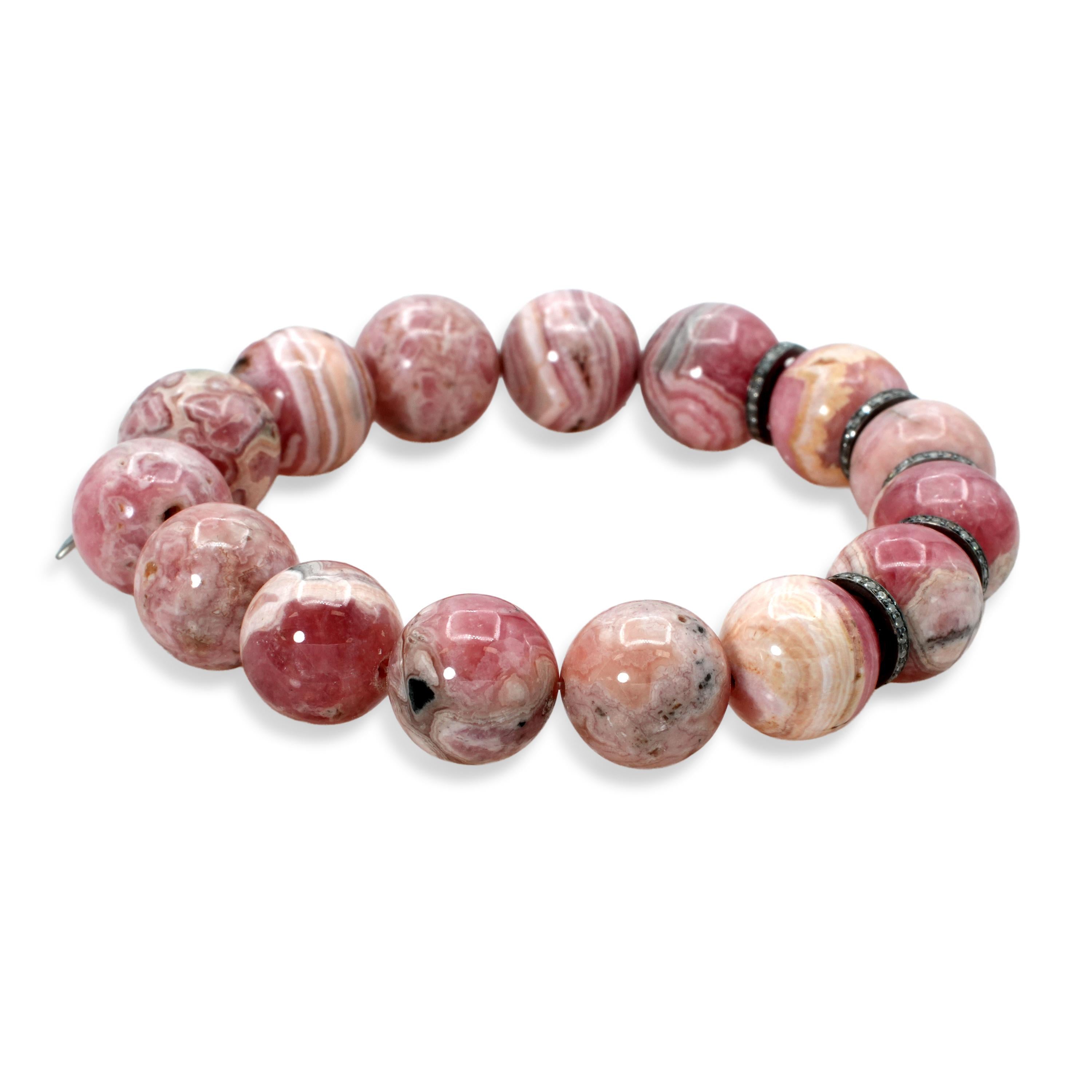 Sheryl Lowe Sterling Silver Rhodochrosite Diamond Bead Bracelet