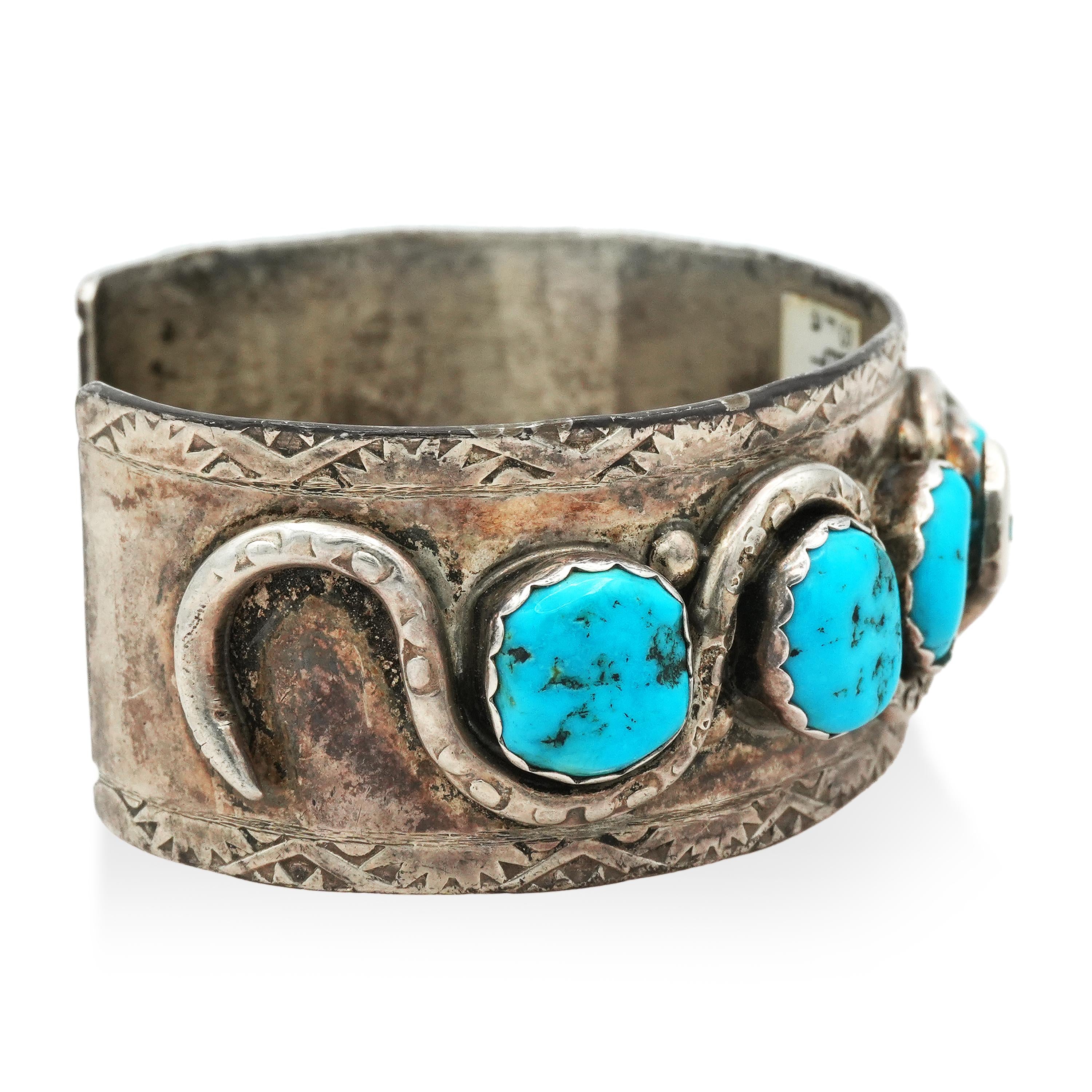 Vintage Effie Calavaza Zuni Sterling Silver Turquoise Snake Cuff