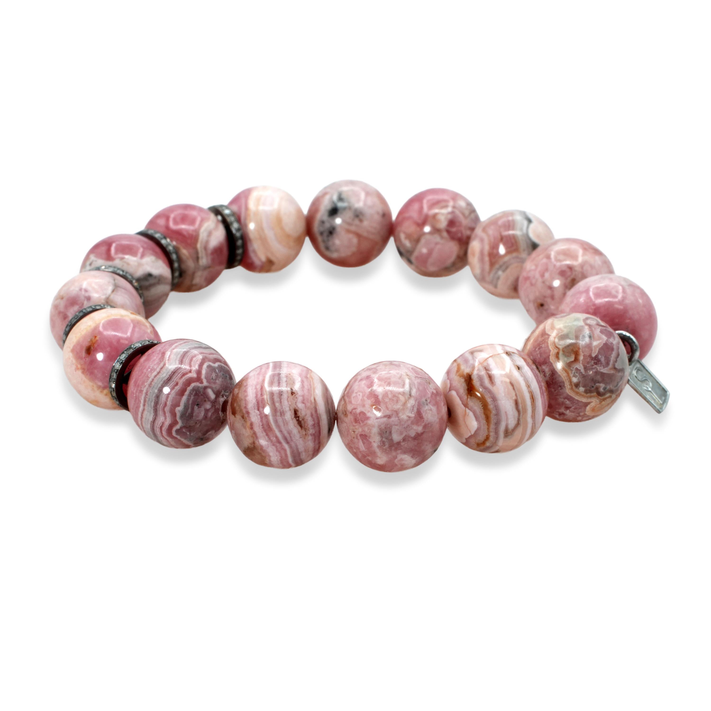 Sheryl Lowe Sterling Silver Rhodochrosite Diamond Bead Bracelet