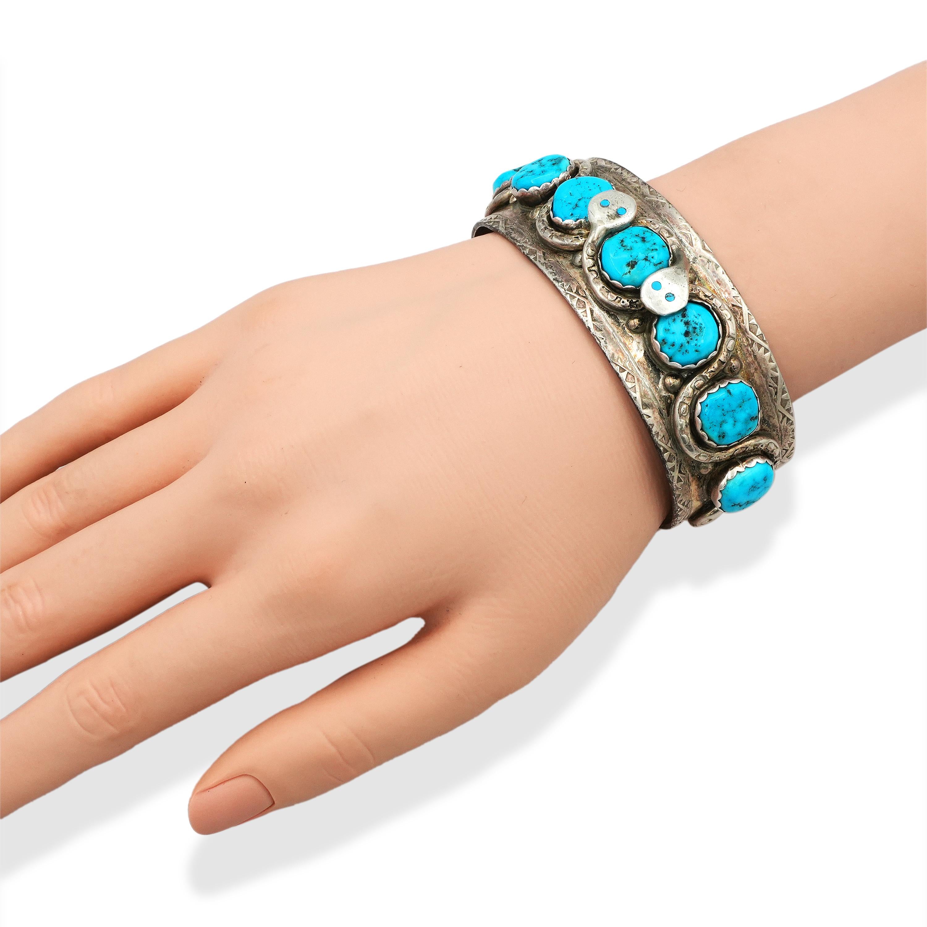 Vintage Effie Calavaza Zuni Sterling Silver Turquoise Snake Cuff