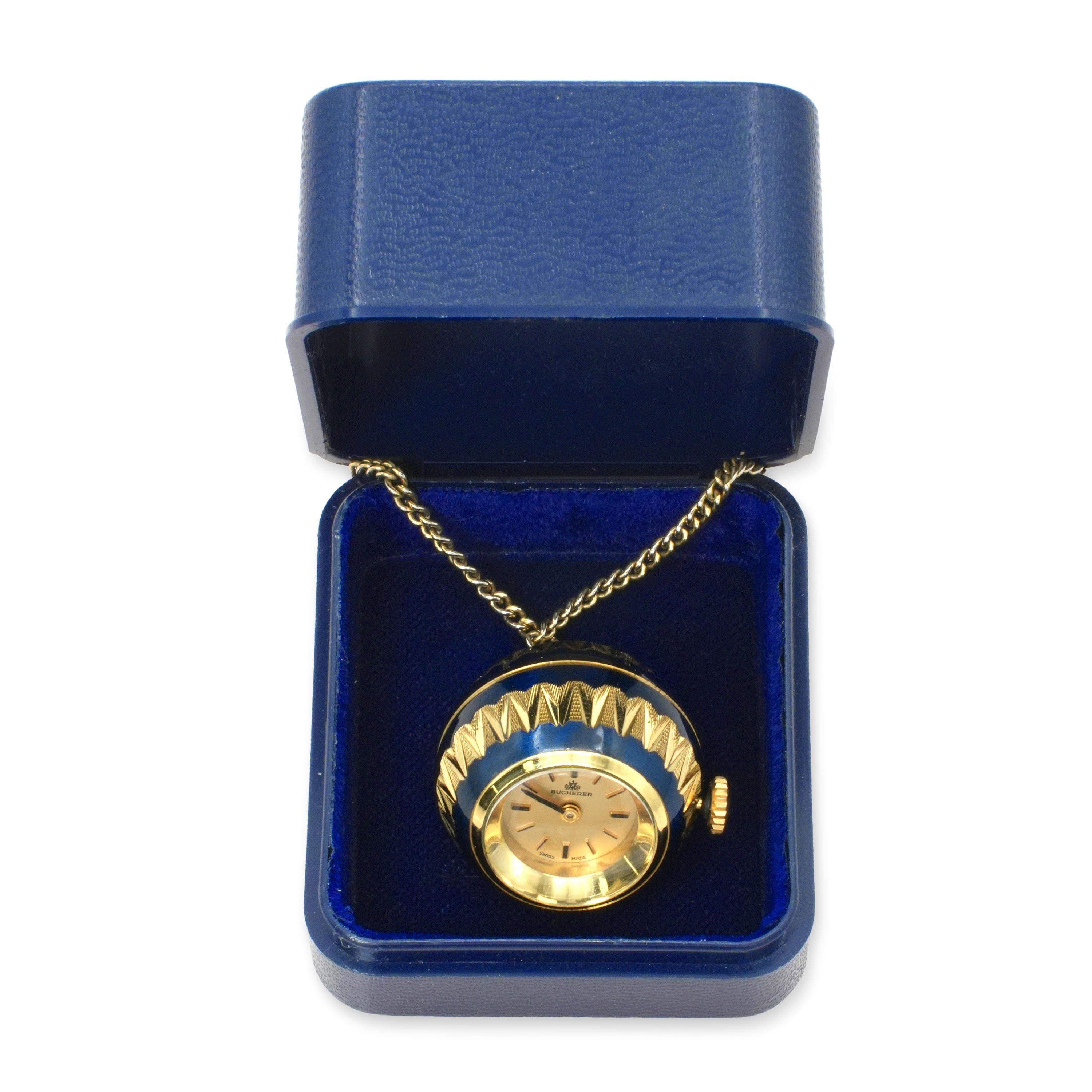 Vintage Bucherer Gold Tone Blue Enamel Pendant Watch Necklace