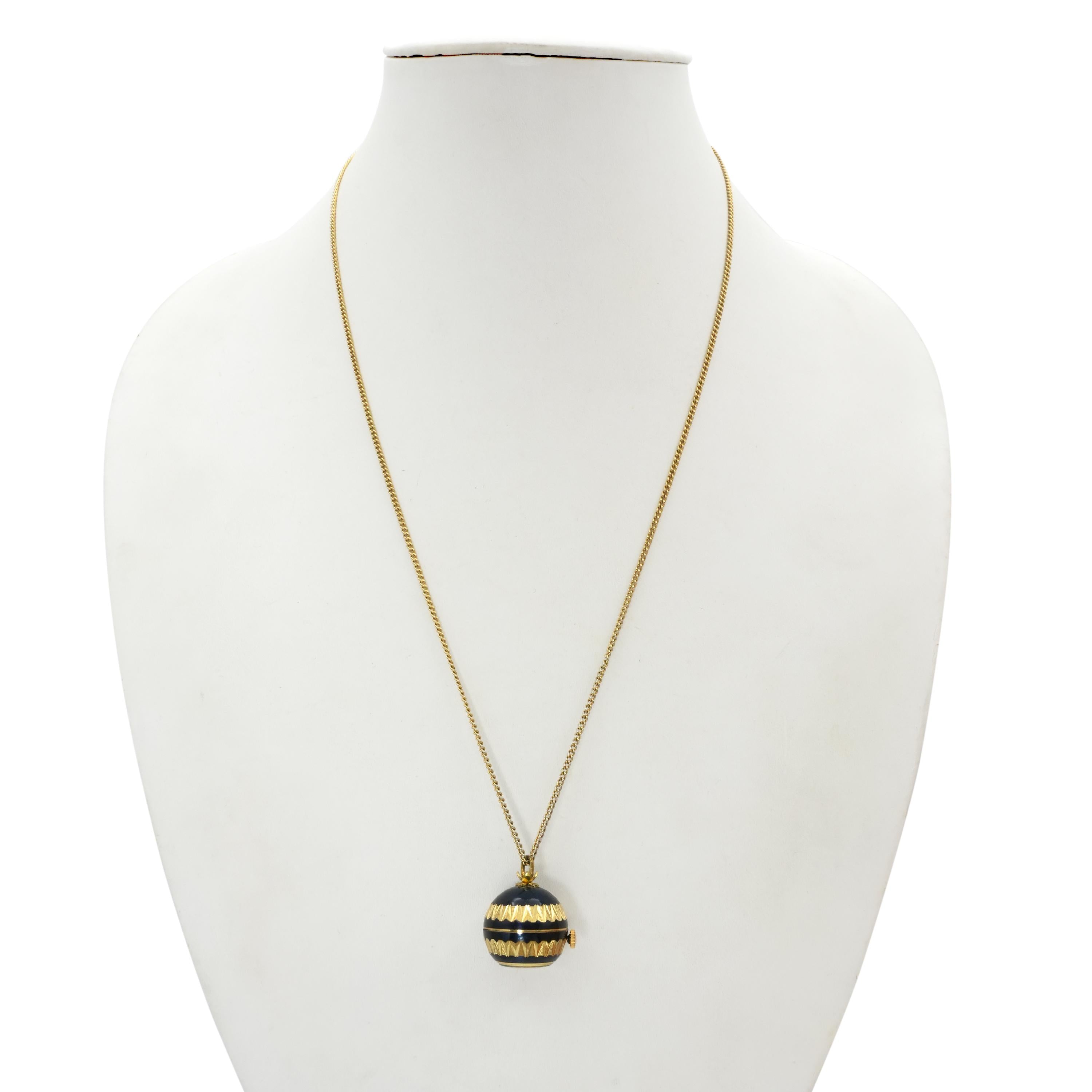 Vintage Bucherer Gold Tone Blue Enamel Pendant Watch Necklace