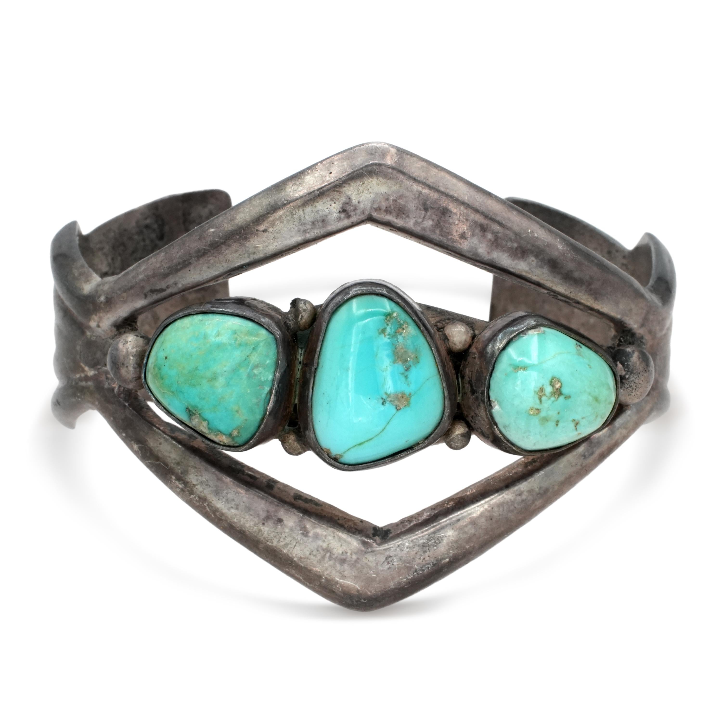 Vintage Southwestern Sterling Silver Turquoise Three Stone Openwork Cuff