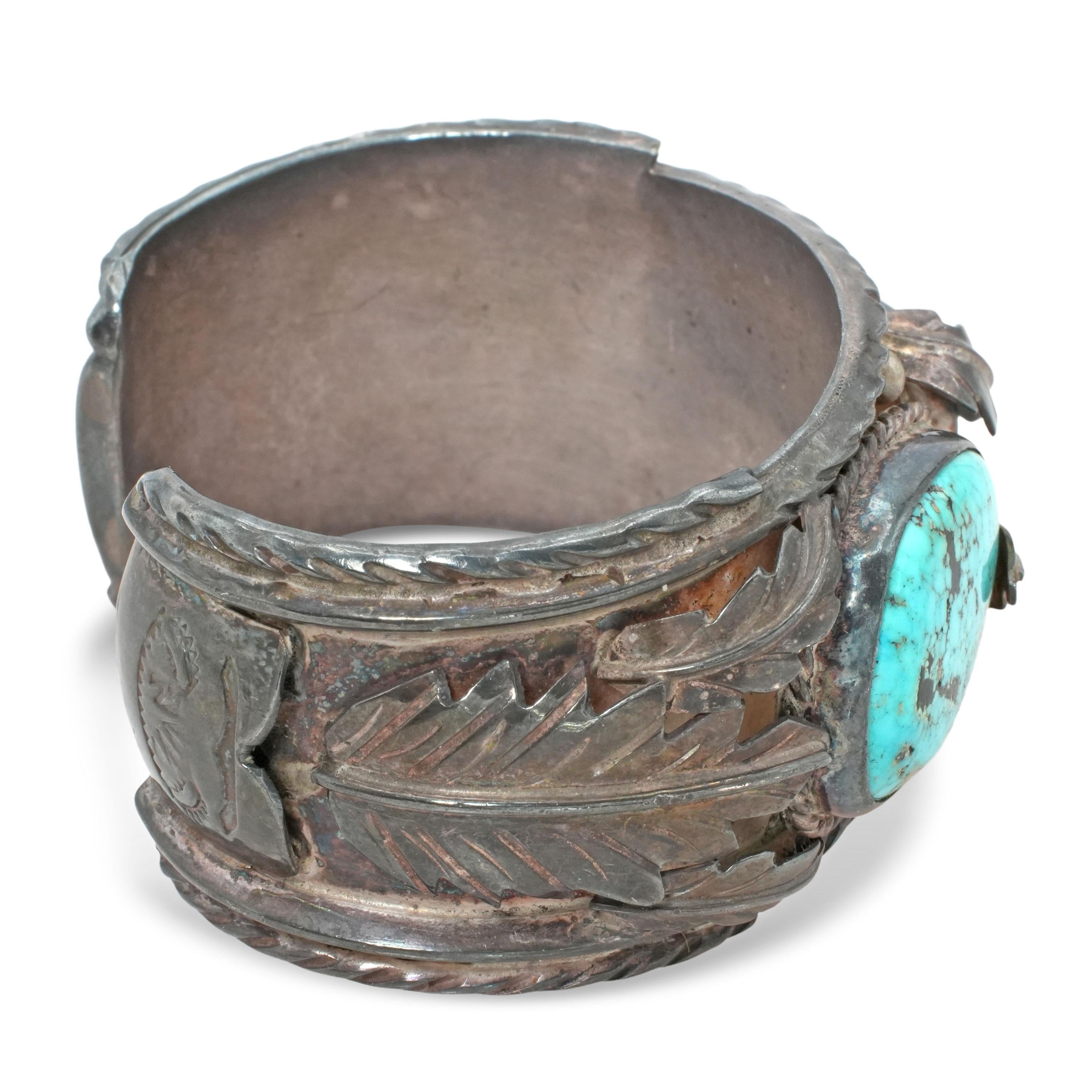 Vintage Sterling Silver Turquoise Leaf & Ropework Cuff
