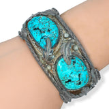 Vintage Sterling Silver Turquoise Leaf & Ropework Cuff