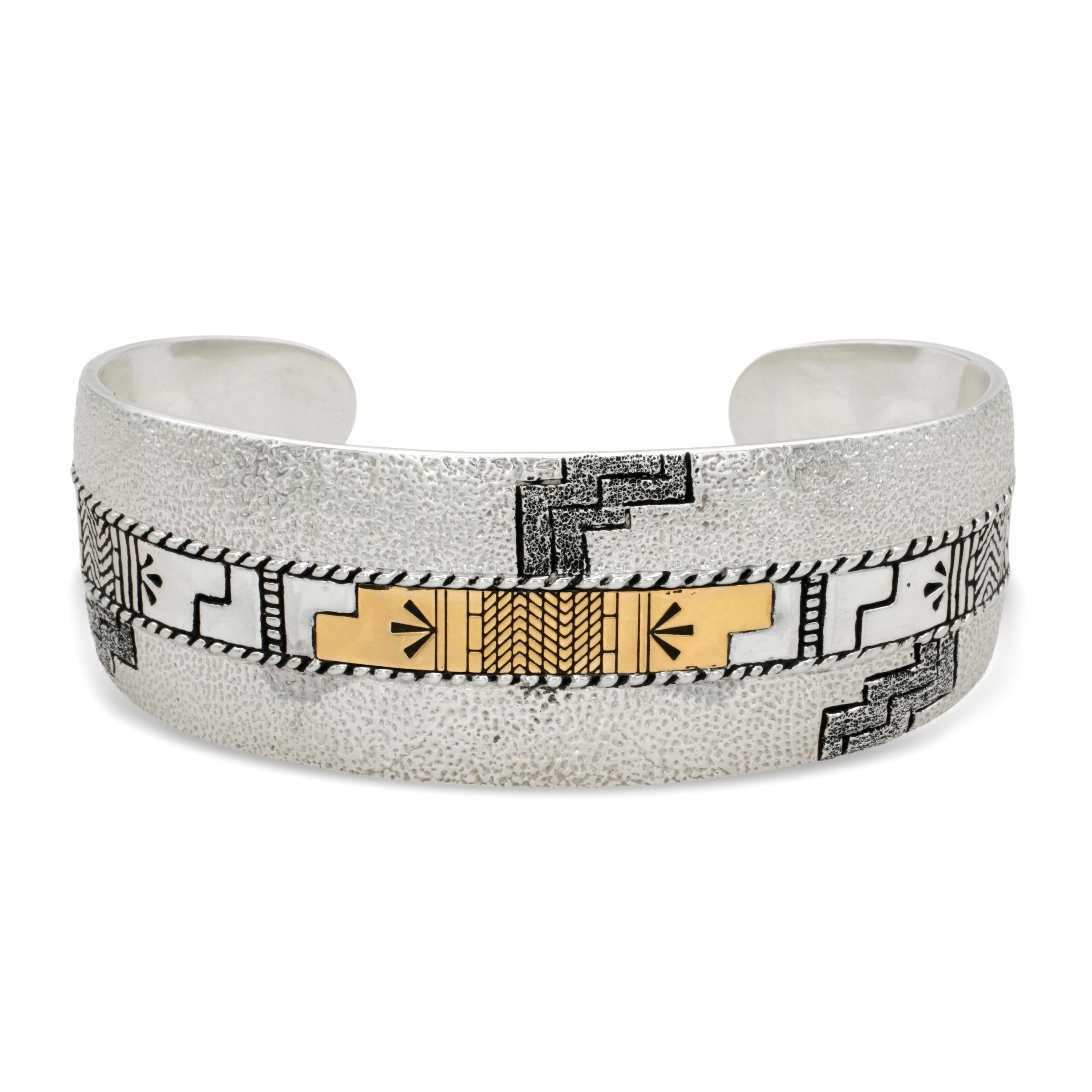 Vintage Roderick Tenorio Sterling Silver 14K Gold Geometric Cuff Bracelet