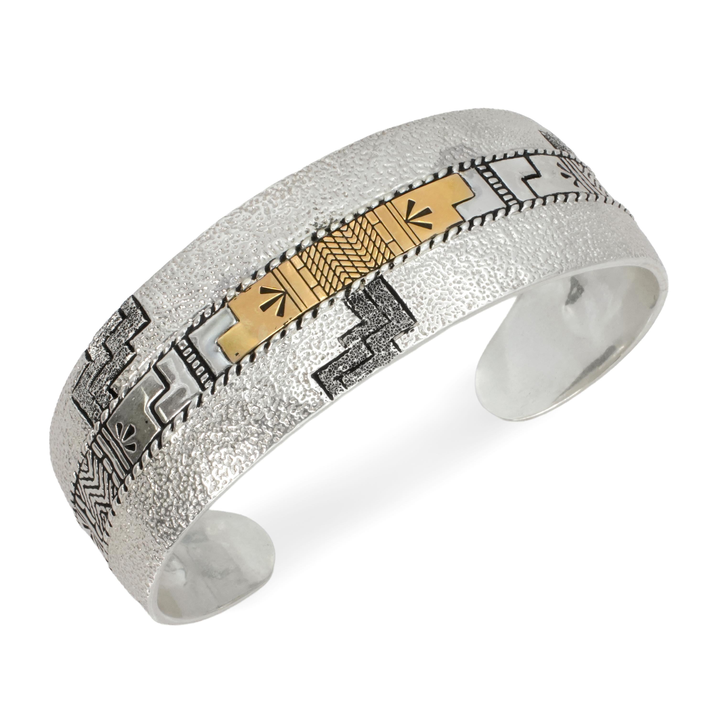 Vintage Roderick Tenorio Sterling Silver 14K Gold Geometric Cuff Bracelet