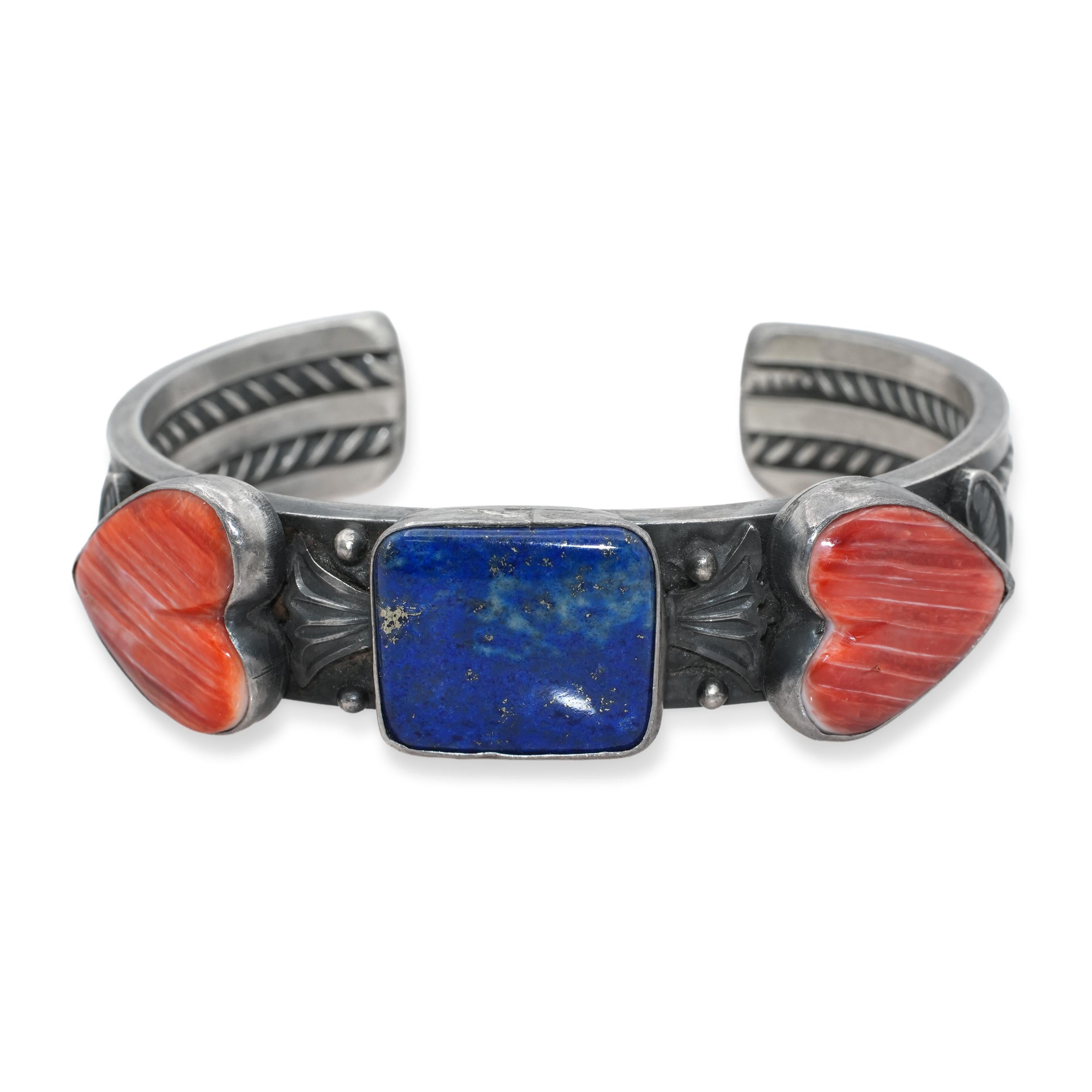 Vintage Navajo Sterling Silver Lapis Lazuli Spiny Oyster Heart Cuff