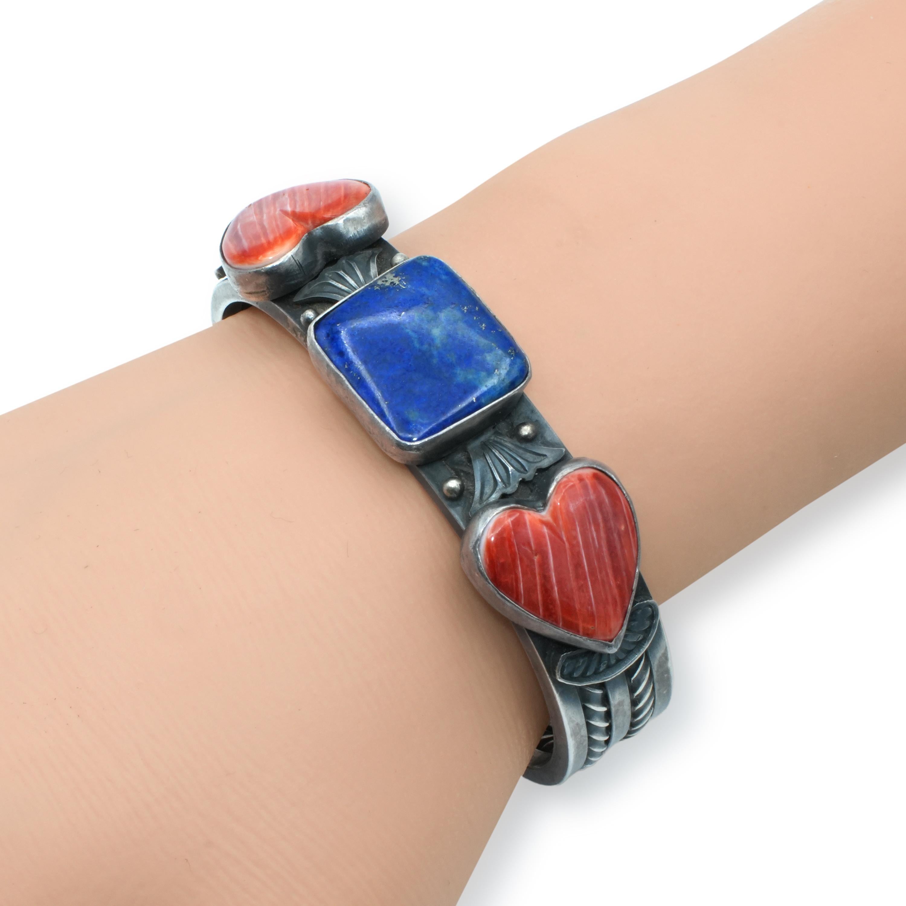 Vintage Navajo Sterling Silver Lapis Lazuli Spiny Oyster Heart Cuff