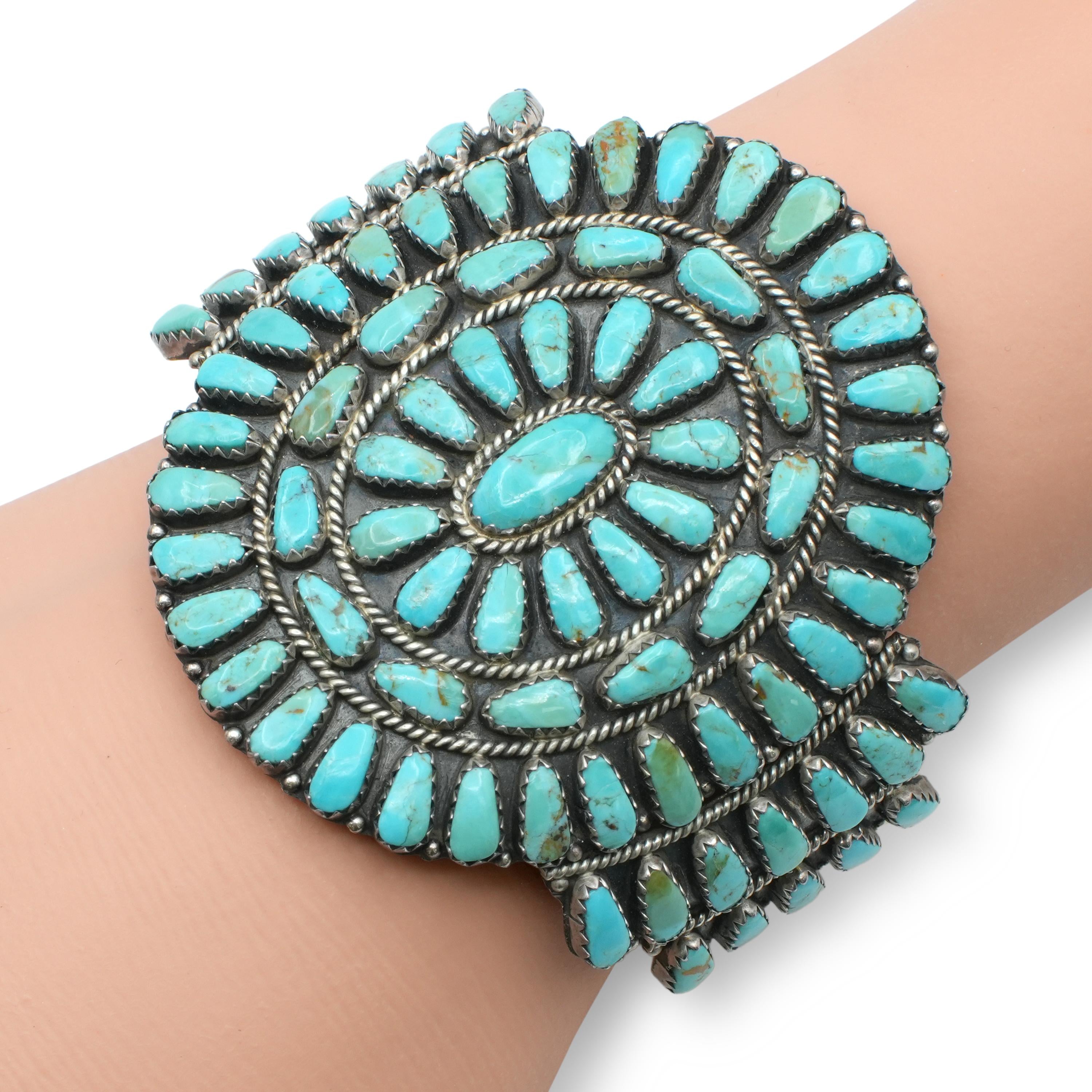 Larry Moses Begay Navajo Sterling Silver Turquoise Cluster Cuff Bracelet