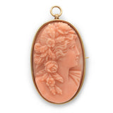 Vintage 14k Yellow Gold Framed Coral Cameo Pendant Brooch