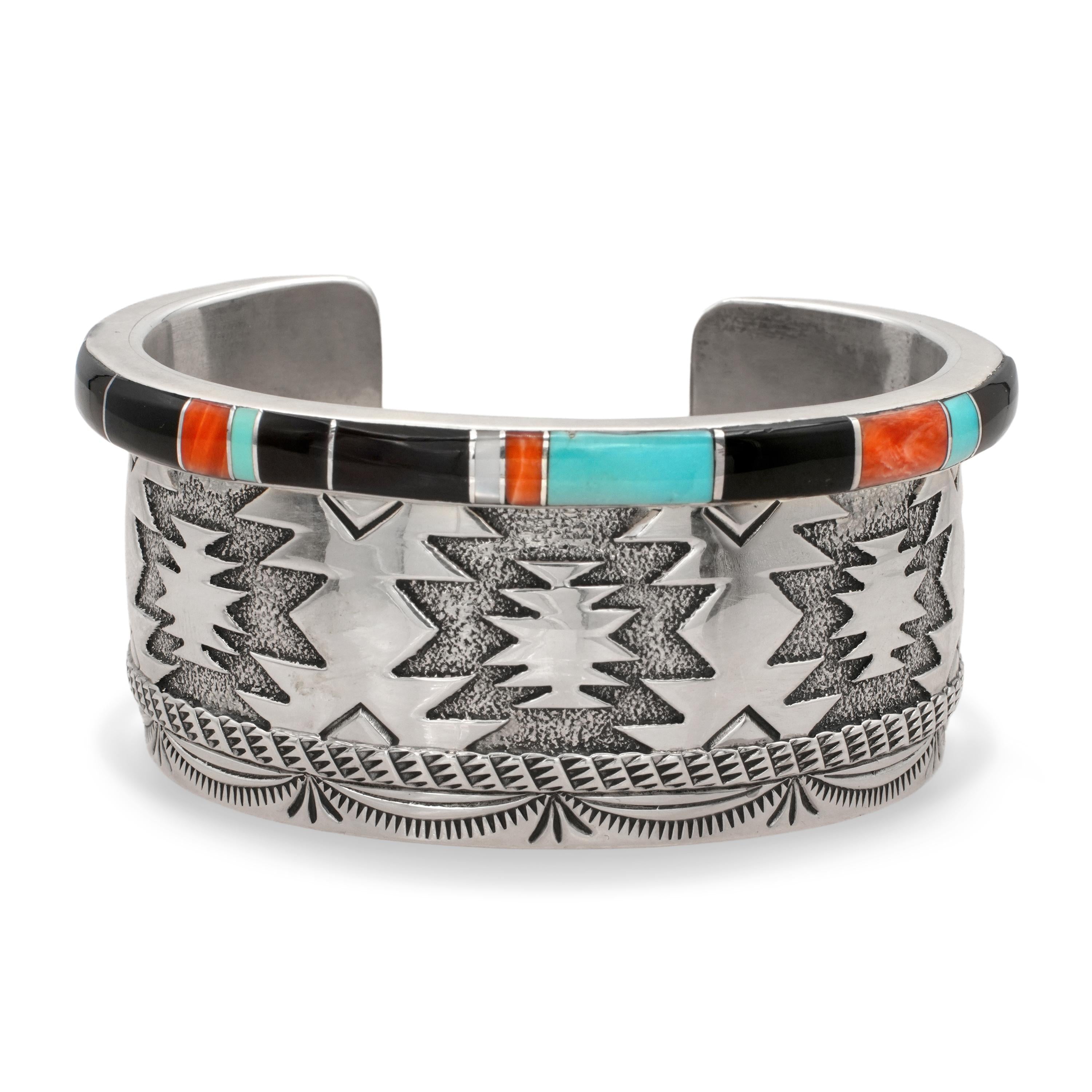 Wylie Secatero Navajo Sterling Silver Turquoise Coral Onyx Mother of Pearl Cuff