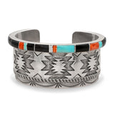 Wylie Secatero Navajo Sterling Silver Turquoise Coral Onyx Mother of Pearl Cuff