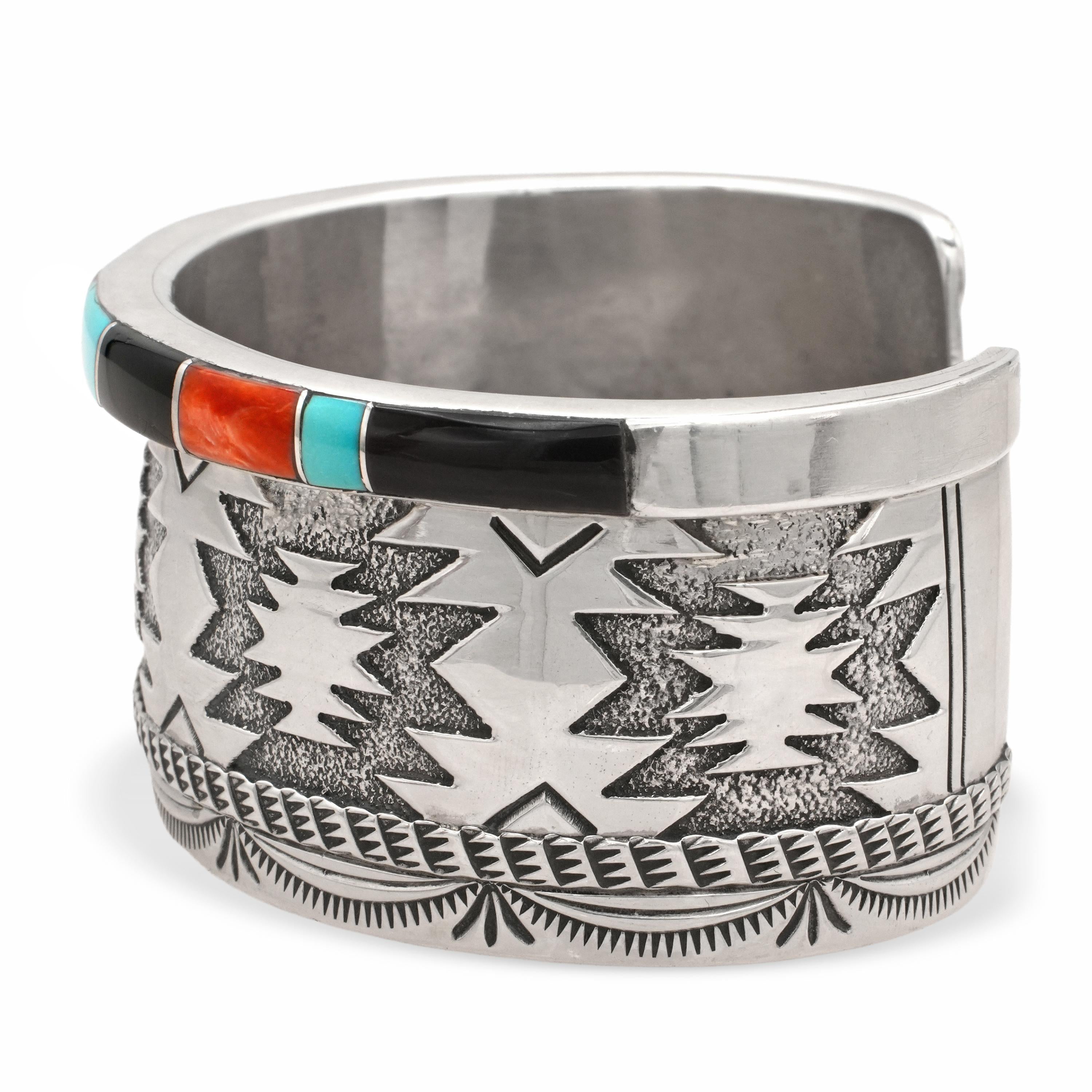 Wylie Secatero Navajo Sterling Silver Turquoise Coral Onyx Mother of Pearl Cuff