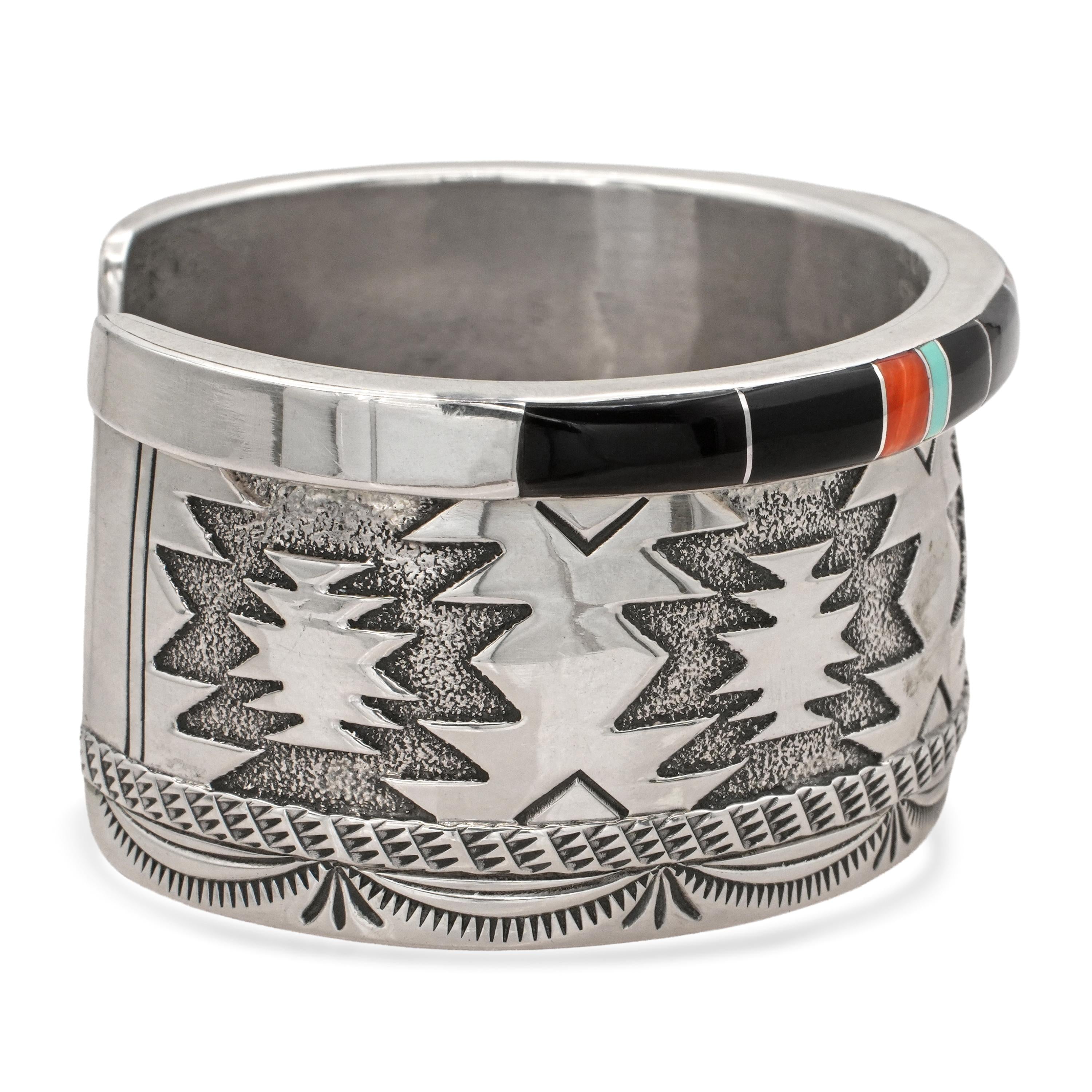 Wylie Secatero Navajo Sterling Silver Turquoise Coral Onyx Mother of Pearl Cuff
