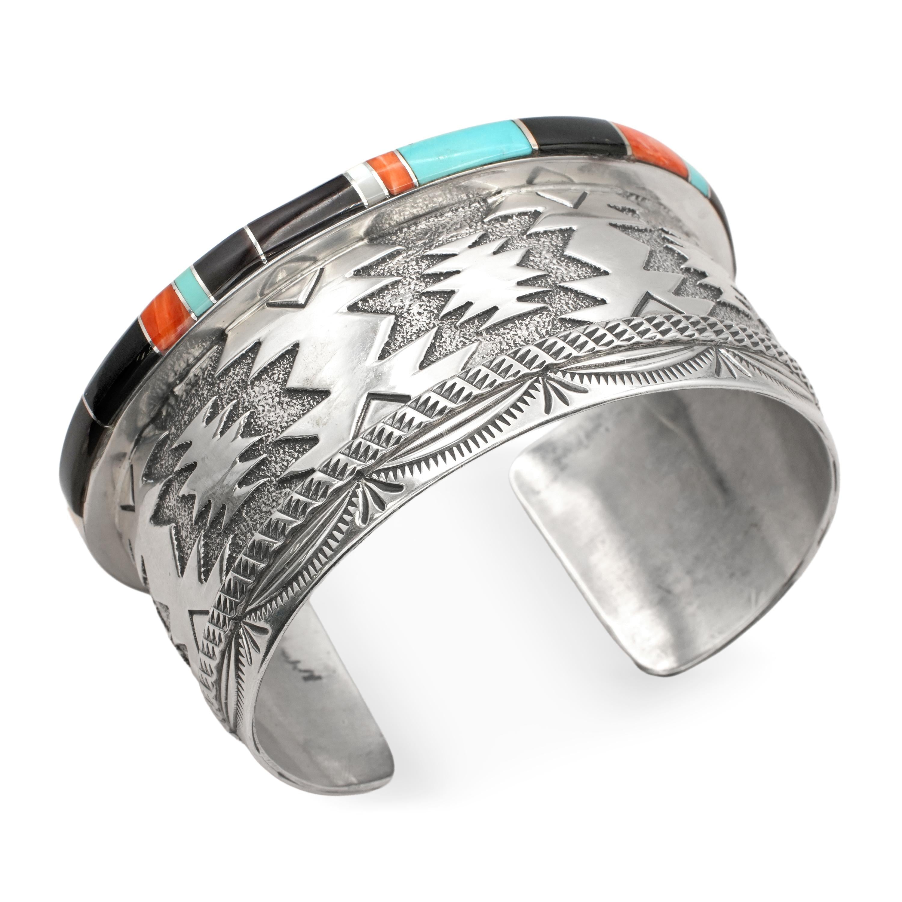 Wylie Secatero Navajo Sterling Silver Turquoise Coral Onyx Mother of Pearl Cuff