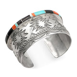 Wylie Secatero Navajo Sterling Silver Turquoise Coral Onyx Mother of Pearl Cuff