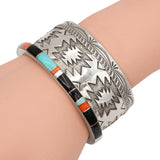 Wylie Secatero Navajo Sterling Silver Turquoise Coral Onyx Mother of Pearl Cuff