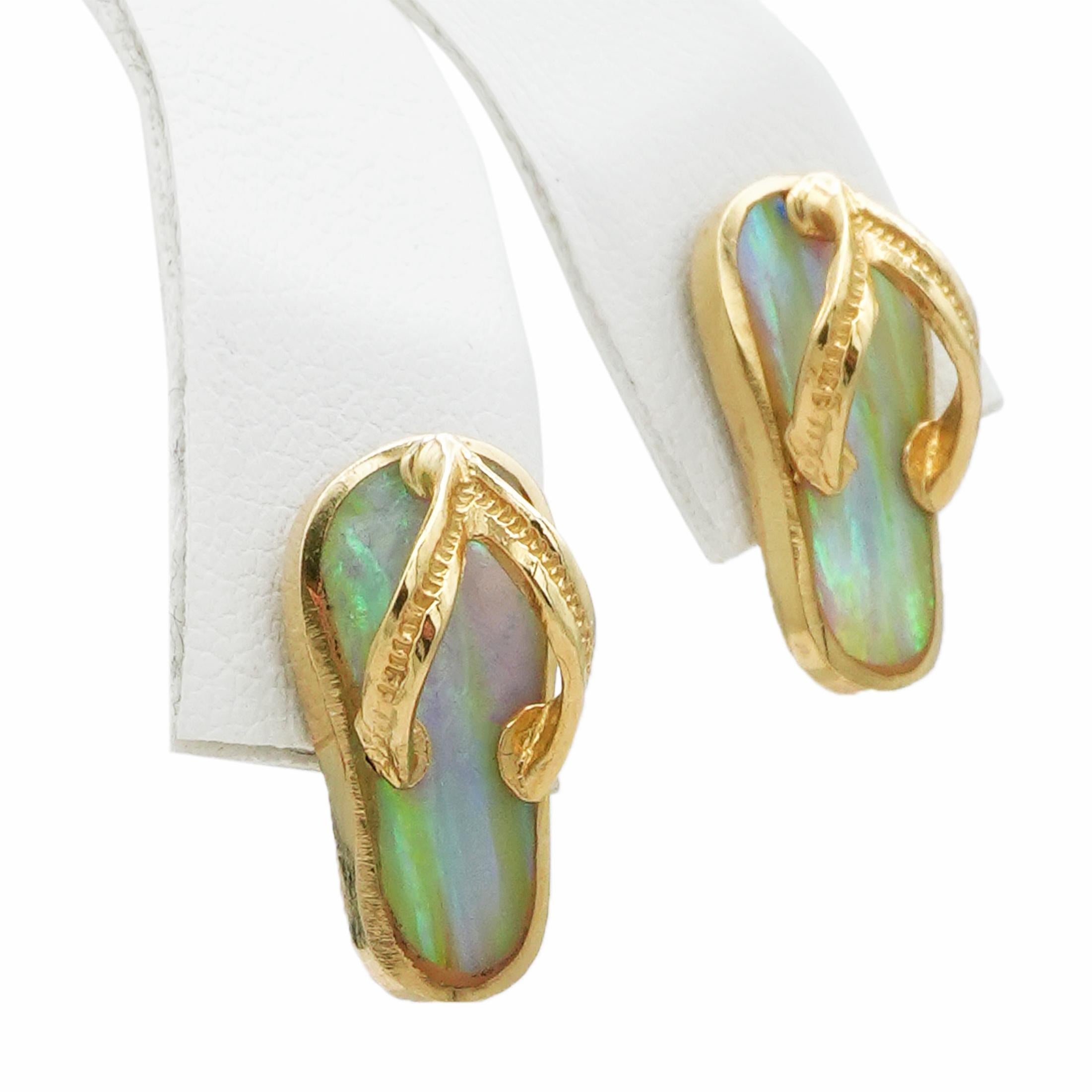 14k Yellow Gold Australian Striated Opal Flip Flop Pendant & Earring Set
