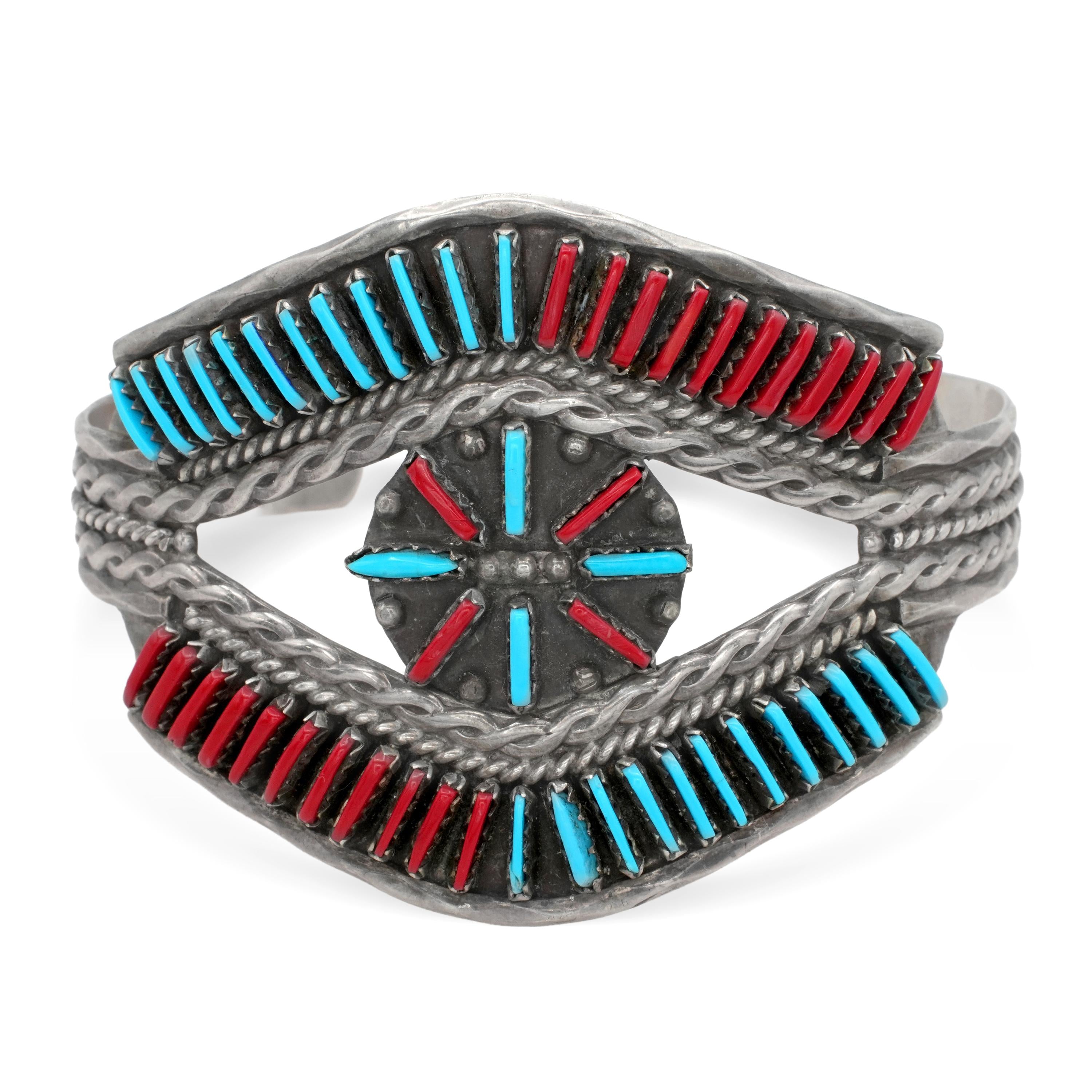 1940s Zuni Helen Harrison Sterling Silver Turquoise Coral Cuff