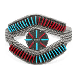 1940s Zuni Helen Harrison Sterling Silver Turquoise Coral Cuff