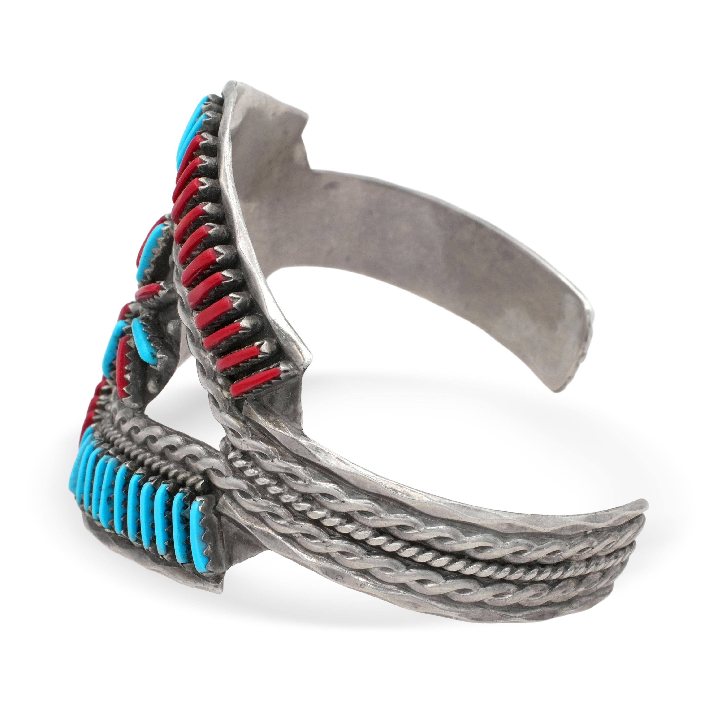 1940s Zuni Helen Harrison Sterling Silver Turquoise Coral Cuff