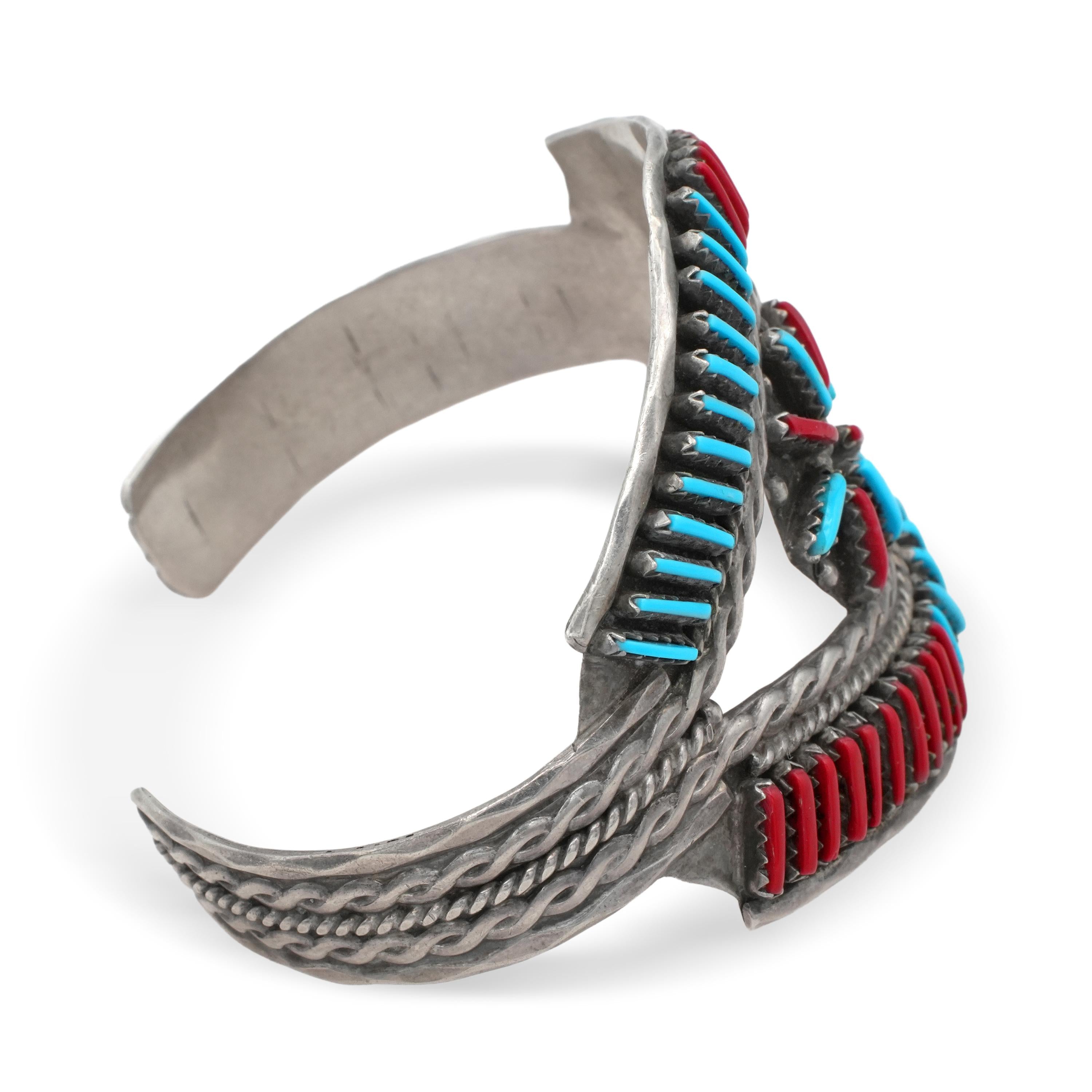 1940s Zuni Helen Harrison Sterling Silver Turquoise Coral Cuff
