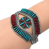 1940s Zuni Helen Harrison Sterling Silver Turquoise Coral Cuff