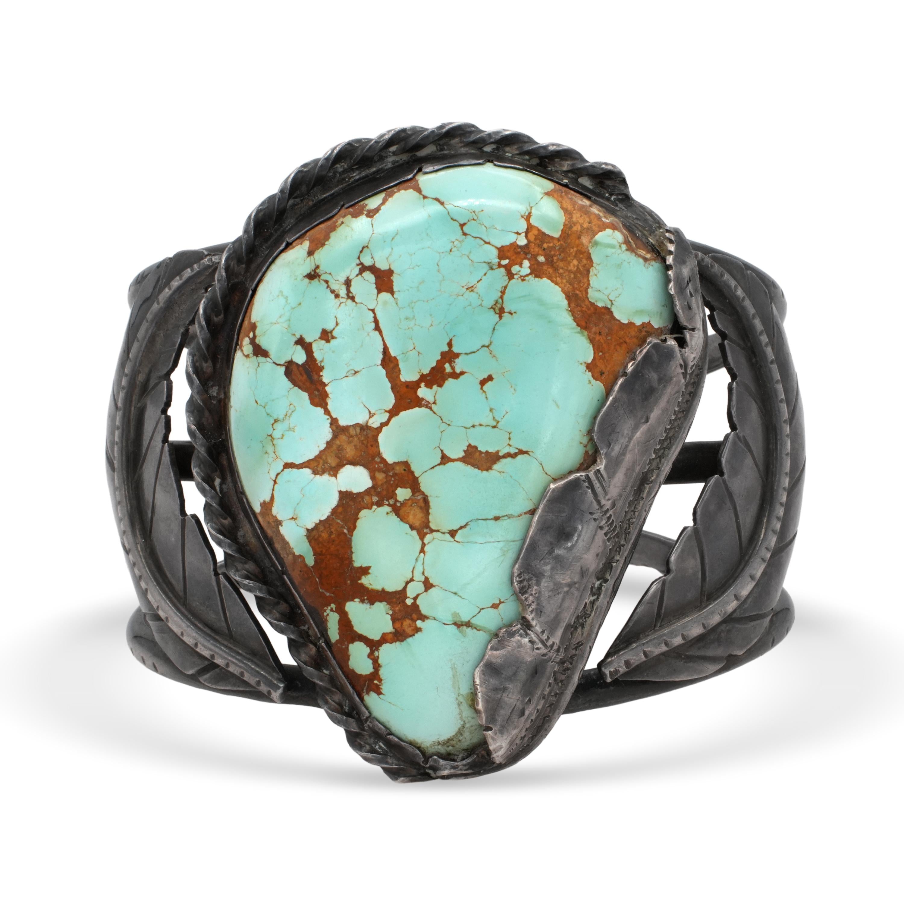 Vintage Southwestern Sterling Silver Turquoise Leaf Cuff Bracelet