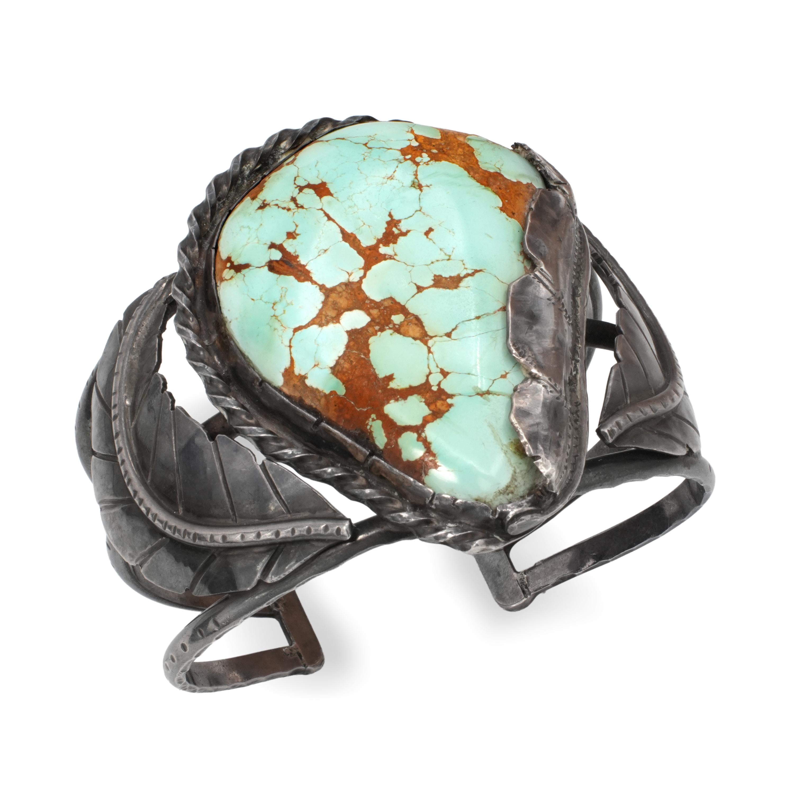 Vintage Southwestern Sterling Silver Turquoise Leaf Cuff Bracelet