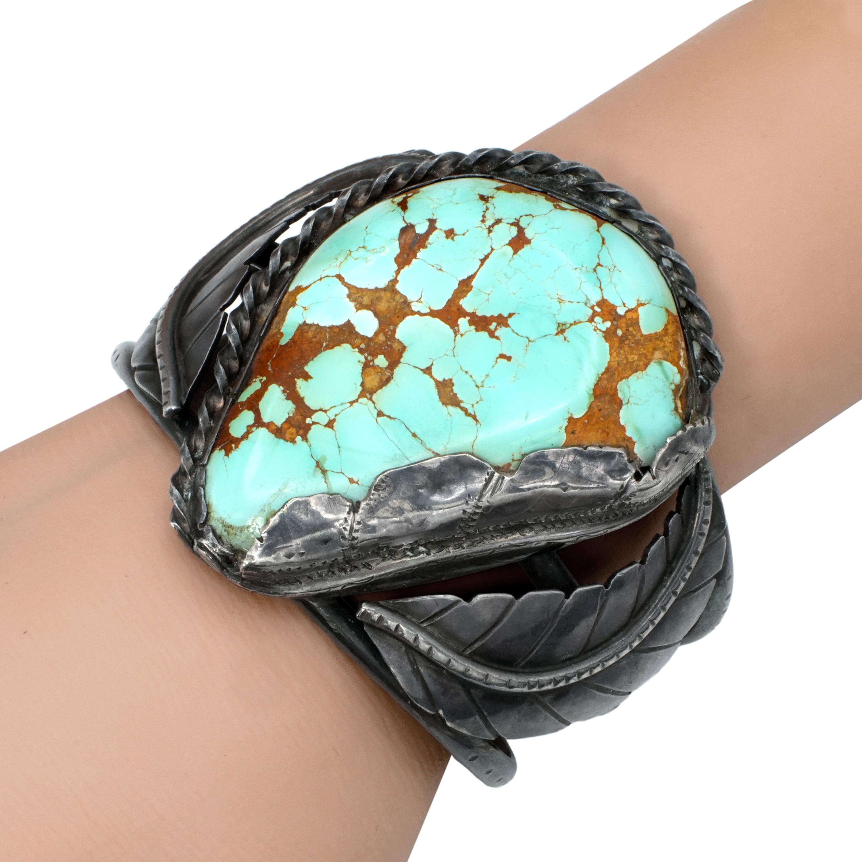 Vintage Southwestern Sterling Silver Turquoise Leaf Cuff Bracelet