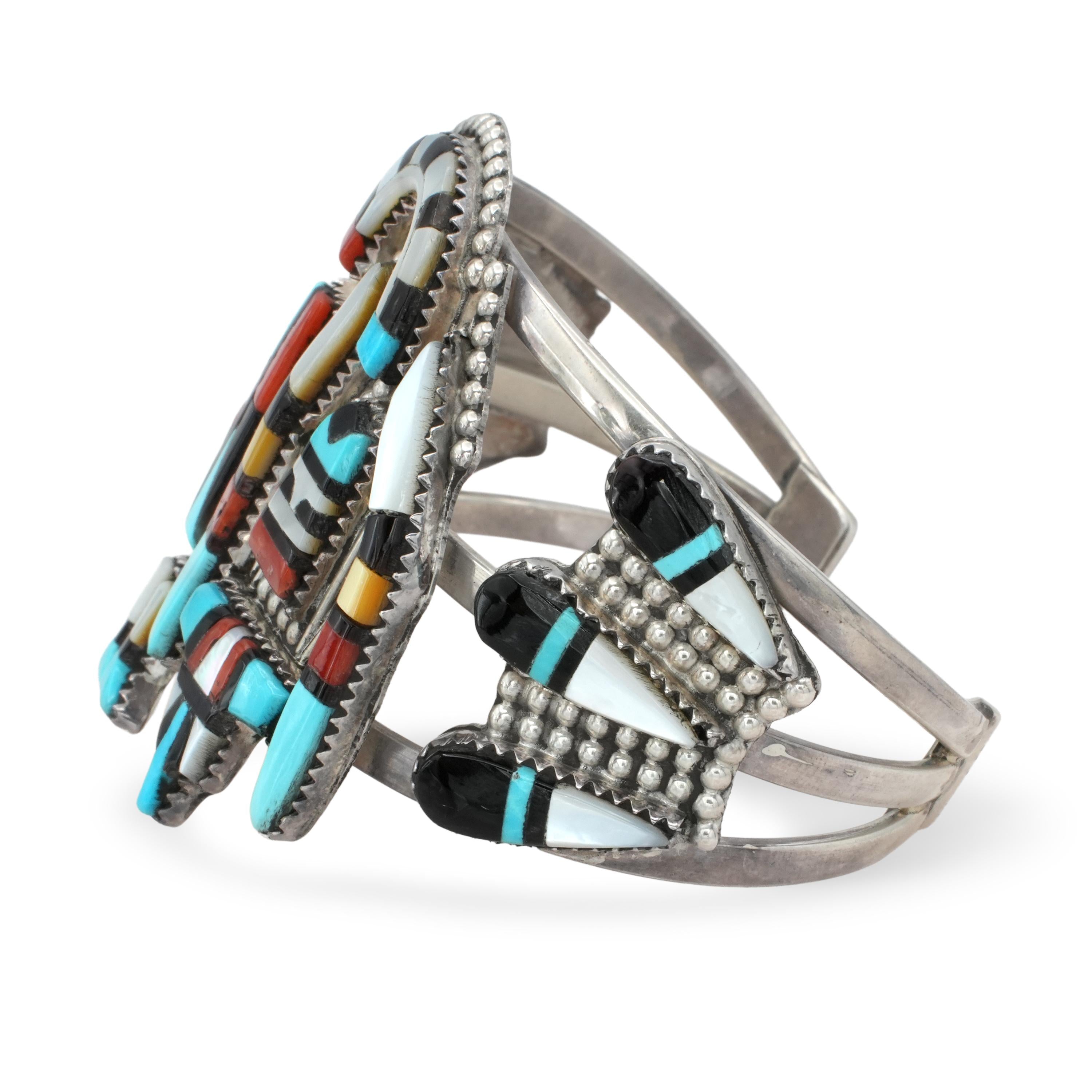 Zuni CELIICI Sterling Silver Turquoise Coral Mother of Pearl Cuff Bracelet