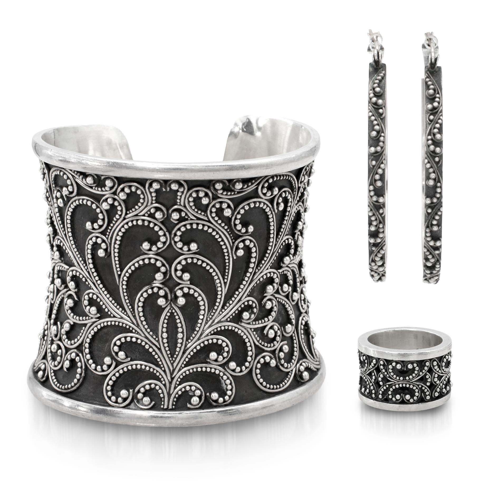 Lois Hill Sterling Silver Granulation Scroll Cuff Bracelet Ring and Earring Set