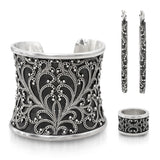 Lois Hill Sterling Silver Granulation Scroll Cuff Bracelet Ring and Earring Set