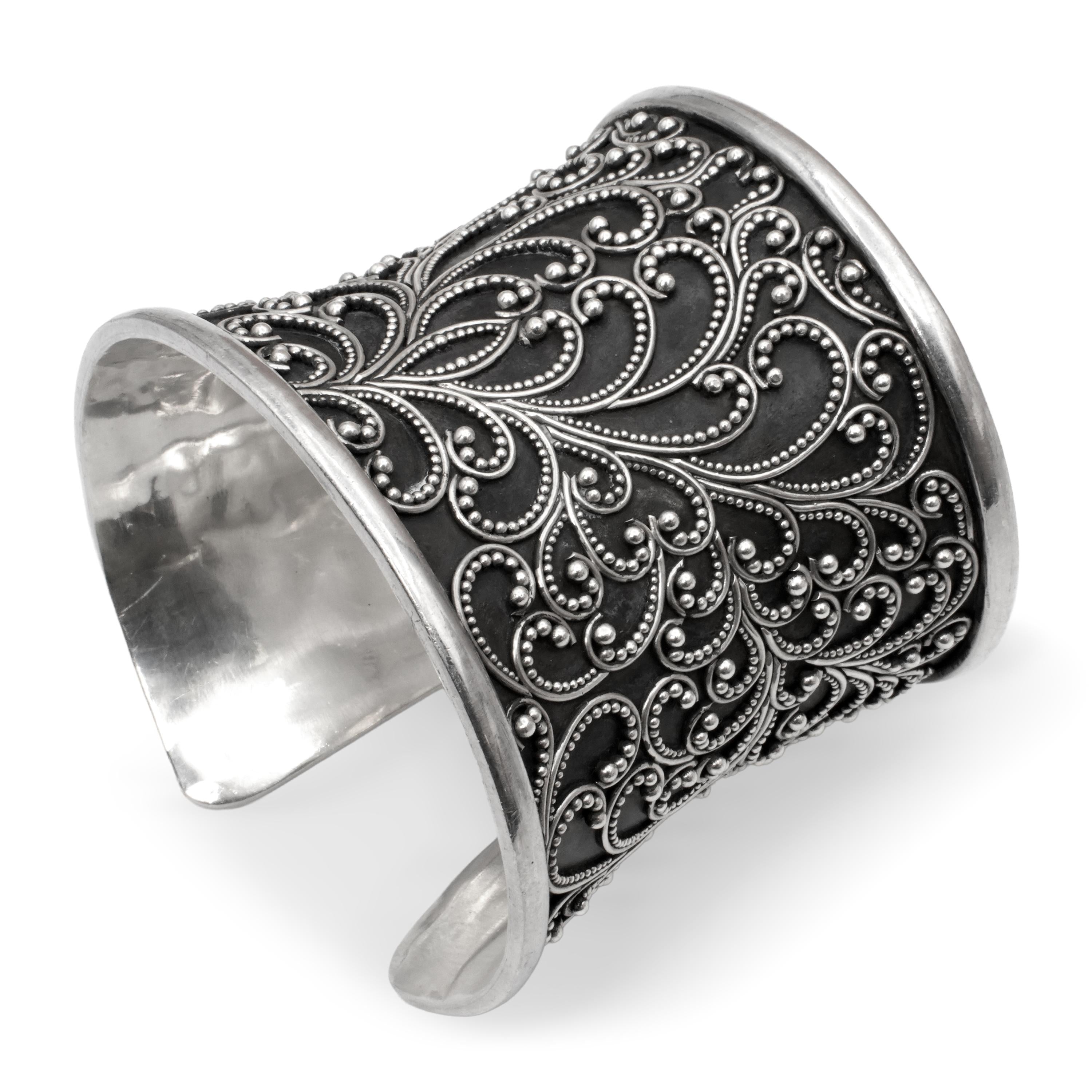 Lois Hill Sterling Silver Granulation Scroll Cuff Bracelet Ring and Earring Set