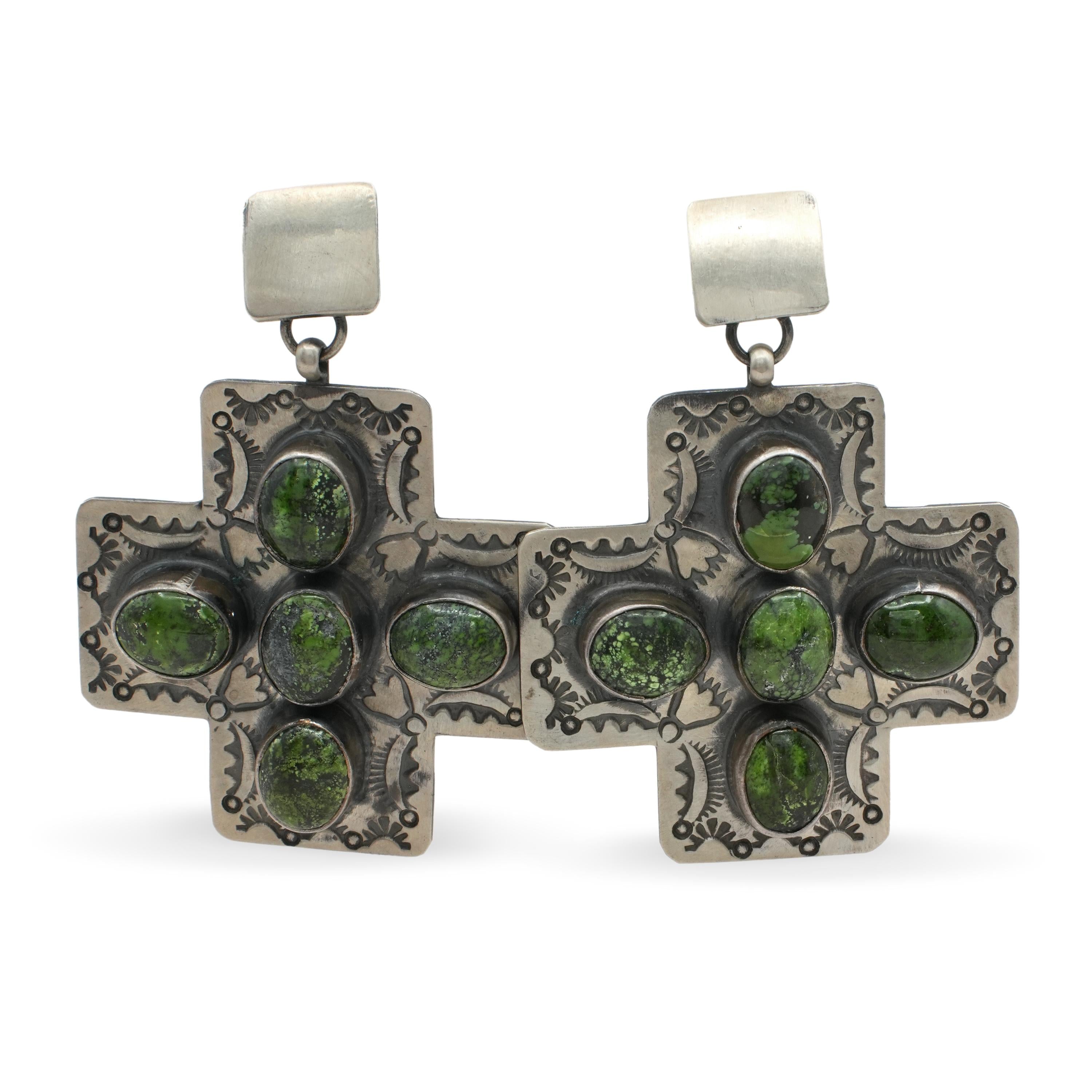 Southwestern Sterling Silver Green Turquoise Cross Drop Earrings