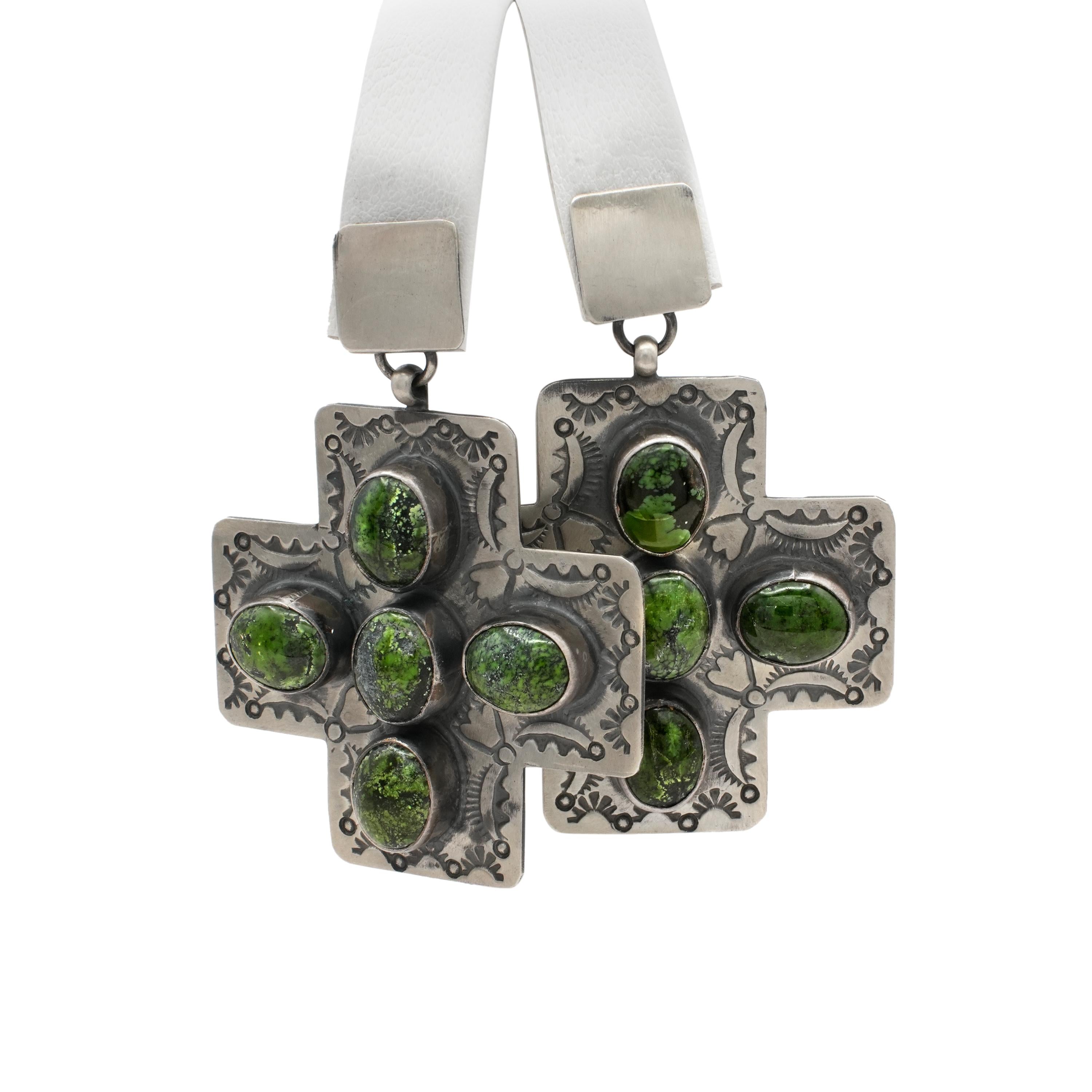 Southwestern Sterling Silver Green Turquoise Cross Drop Earrings