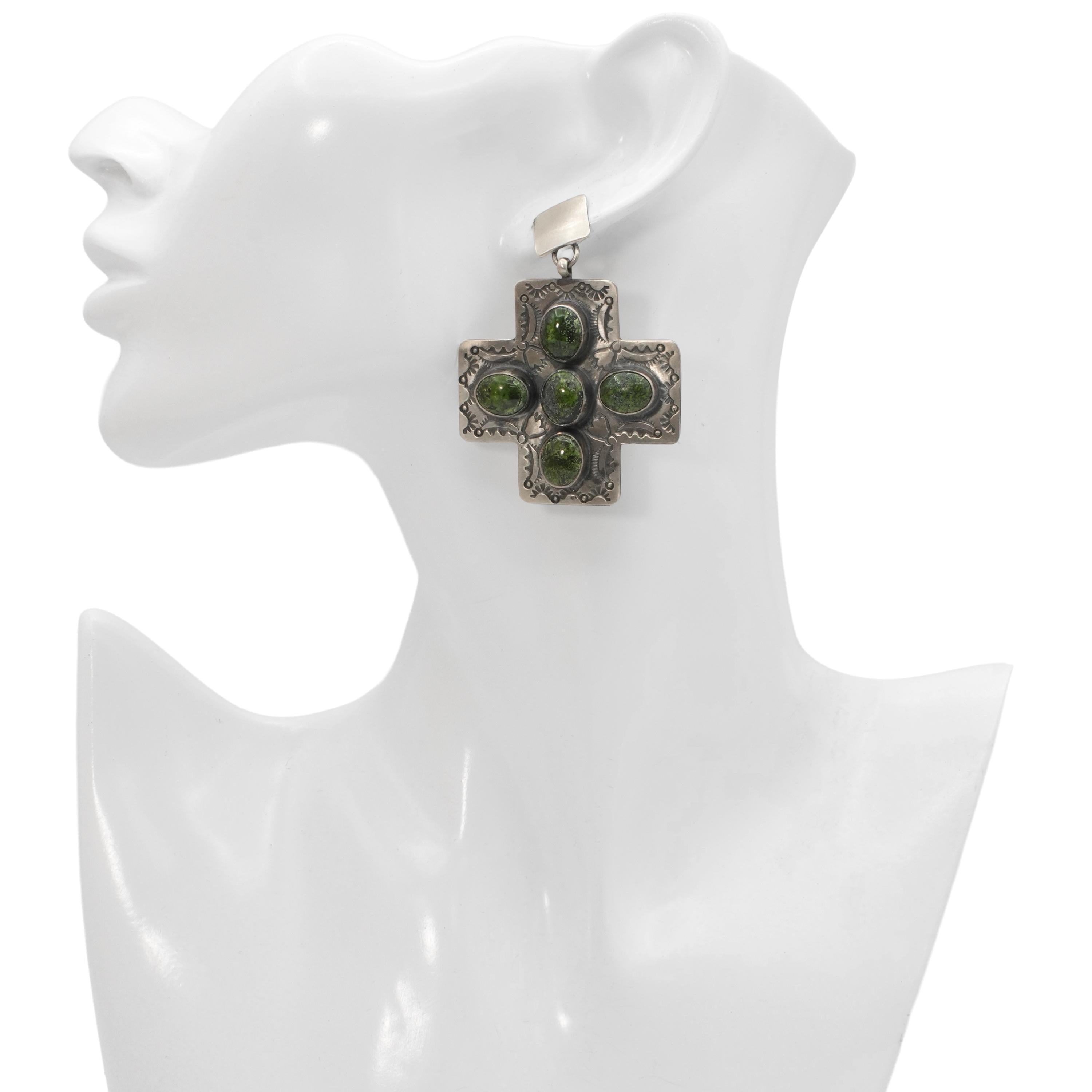 Southwestern Sterling Silver Green Turquoise Cross Drop Earrings