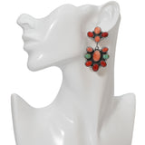 Southwestern Sterling Silver Coral Turquoise Cluster Dangle Earrings
