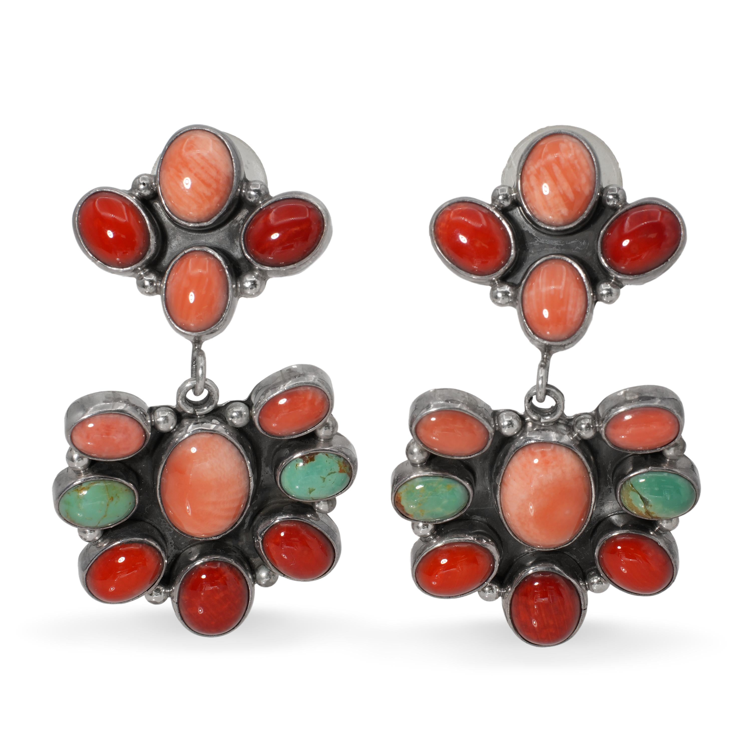 Southwestern Sterling Silver Coral Turquoise Cluster Dangle Earrings